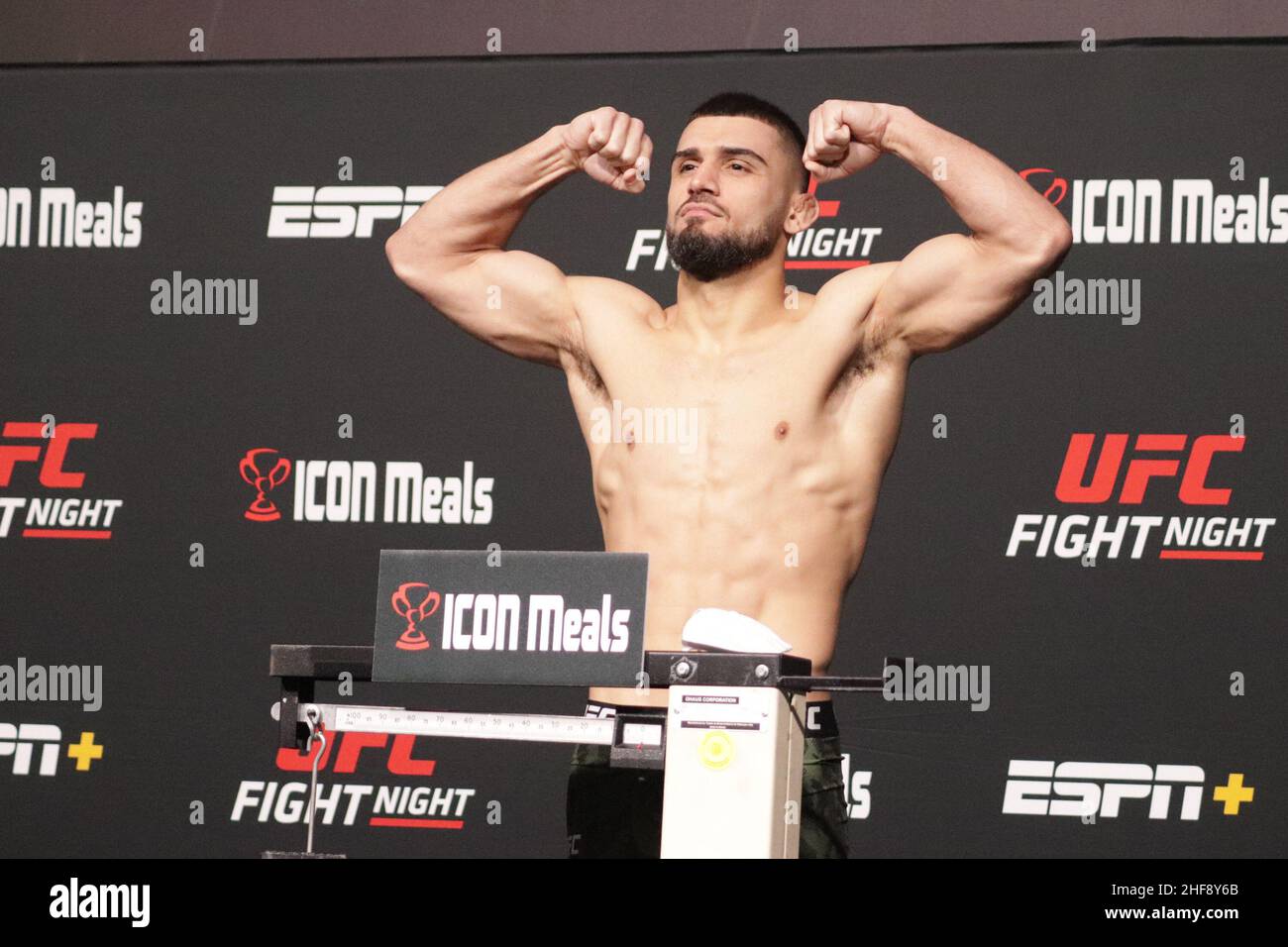 Las Vegas, USA. 14th Jan, 2022. LAS VEGAS, NV - JANUARY 14: Ramiz Brahimaj poses on the scale during the UFC Vegas 46: Kattar v Chikadze Weigh in at UFC Apex on January 14, 2022 in Las Vegas, Nevada, United States. (Photo by Diego Ribas/PxImages) Credit: Px Images/Alamy Live News Stock Photo