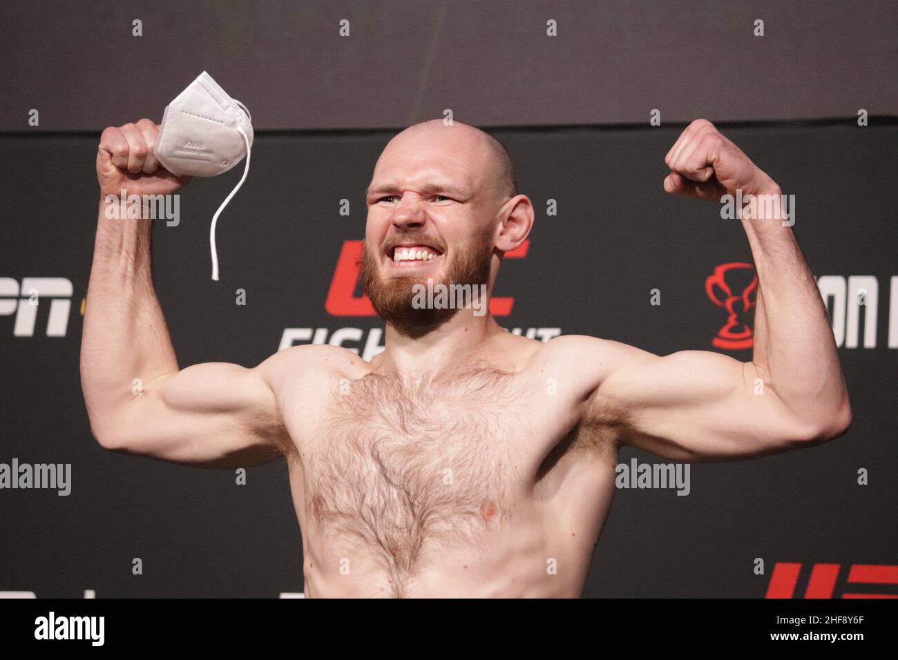 Las Vegas, USA. 14th Jan, 2022. LAS VEGAS, NV - JANUARY 14: Viacheslav Borshchev poses on the scale during the UFC Vegas 46: Kattar v Chikadze Weigh in at UFC Apex on January 14, 2022 in Las Vegas, Nevada, United States. (Photo by Diego Ribas/PxImages) Credit: Px Images/Alamy Live News Stock Photo