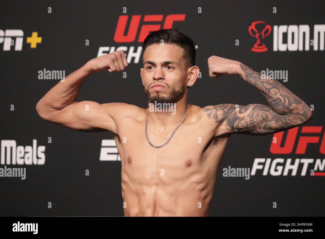 Las Vegas, USA. 14th Jan, 2022. LAS VEGAS, NV - JANUARY 14: Brandon Royval poses on the scale during the UFC Vegas 46: Kattar v Chikadze Weigh in at UFC Apex on January 14, 2022 in Las Vegas, Nevada, United States. (Photo by Diego Ribas/PxImages) Credit: Px Images/Alamy Live News Stock Photo
