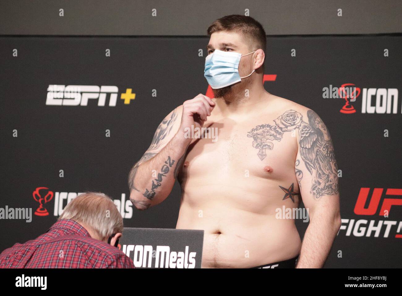 Las Vegas, USA. 14th Jan, 2022. LAS VEGAS, NV - JANUARY 14: Jake Collier poses on the scale during the UFC Vegas 46: Kattar v Chikadze Weigh in at UFC Apex on January 14, 2022 in Las Vegas, Nevada, United States. (Photo by Diego Ribas/PxImages) Credit: Px Images/Alamy Live News Stock Photo