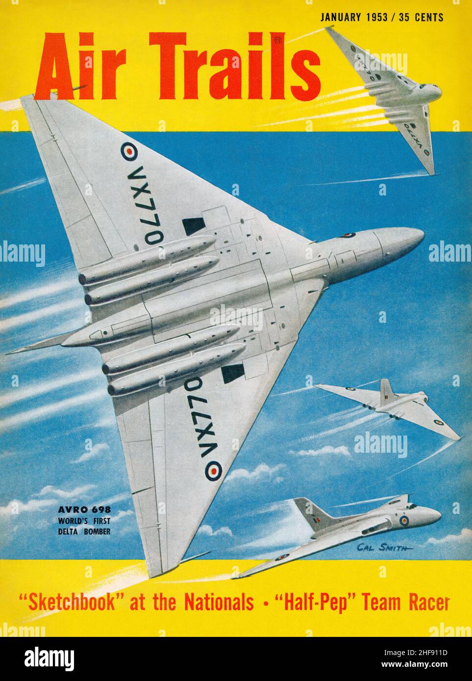 Vintage front cover of Air Trails magazine for January 1953, with an illustration of Afro Vulcan bombers by S. Calhoun Smith. Stock Photo