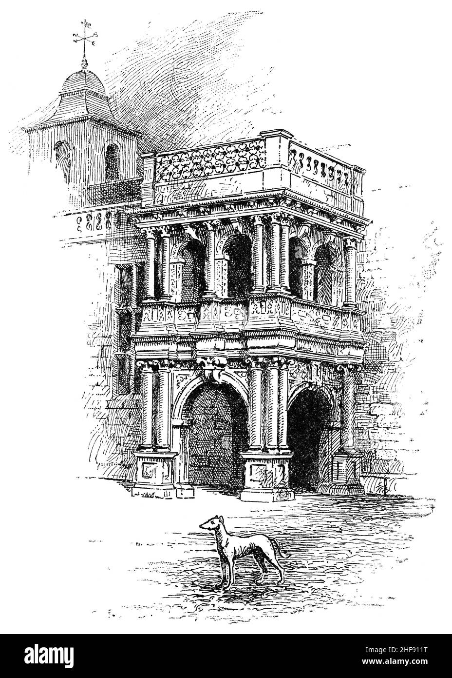 Edwardian era vintage illustration of the West Porch of Audley End House near Saffron Walden, Essex, England. Stock Photo
