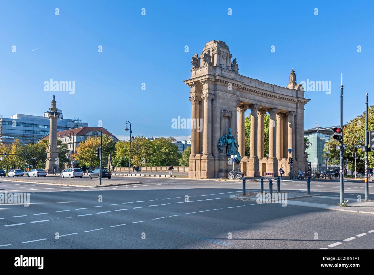 Berlin, Germany - October 10, 2021: One of two Porticoes of the Charlottenburg Gate and candelabra on Strasse des 17. Juni with Charlottenburg Bridge Stock Photo