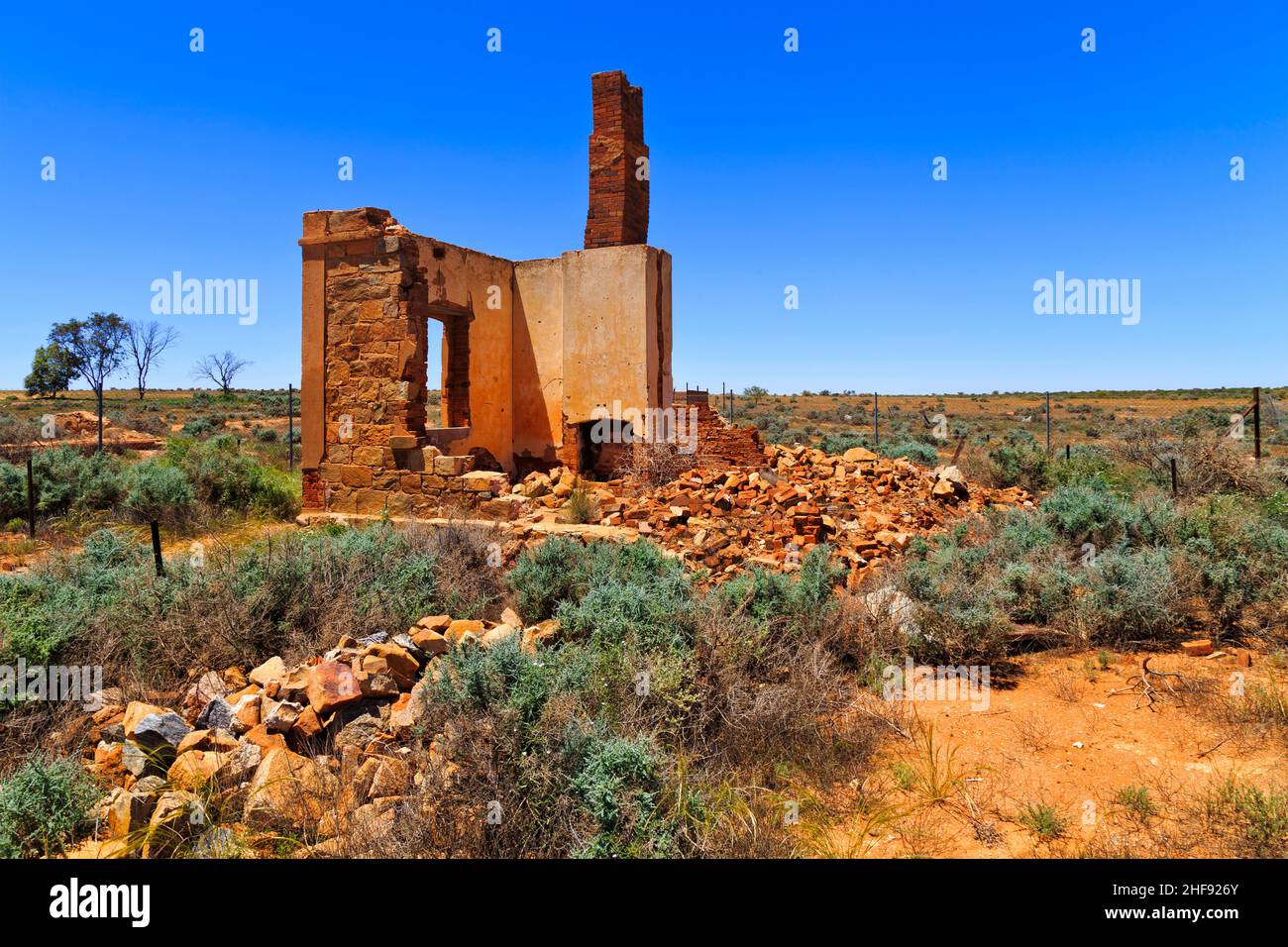 Ruins of old brick stone church in ghost town Silverton near Broken Hill of Australia - old mining town. Stock Photo