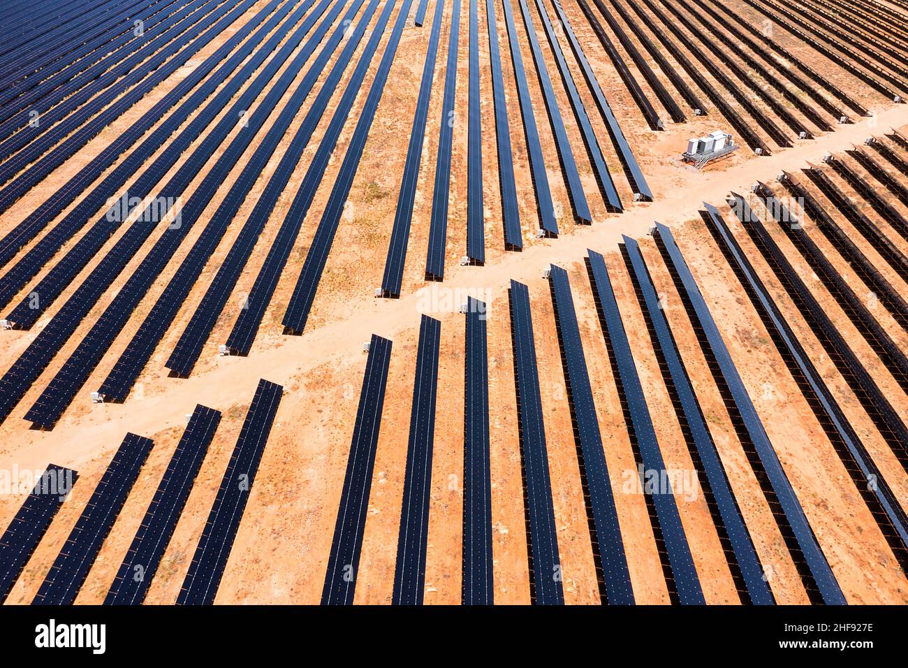 Endless lines of sola panels in renewable sola power plant in outback near Broken Hill of Australia. Stock Photo