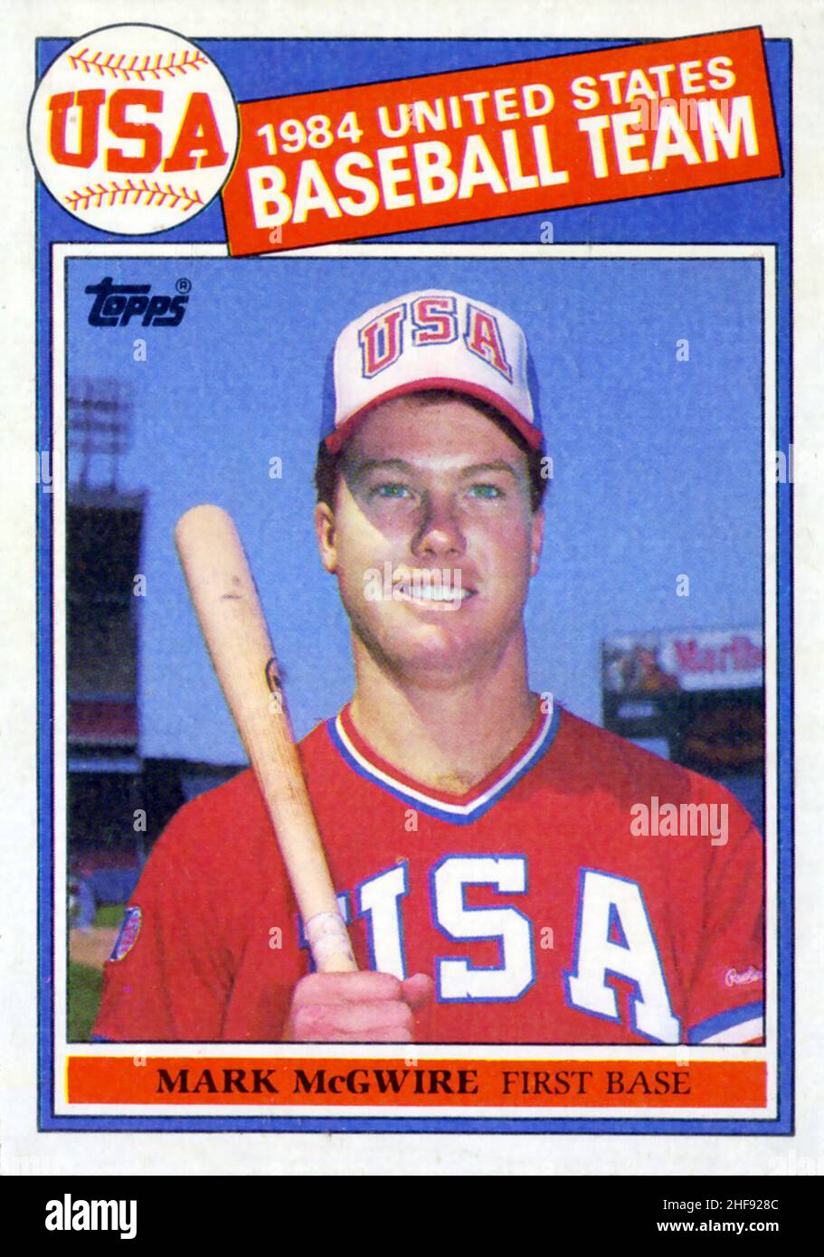 1985 Topps rookie card of Mark McGwire with the USA Olympic Baseball Team from 1984. Stock Photo
