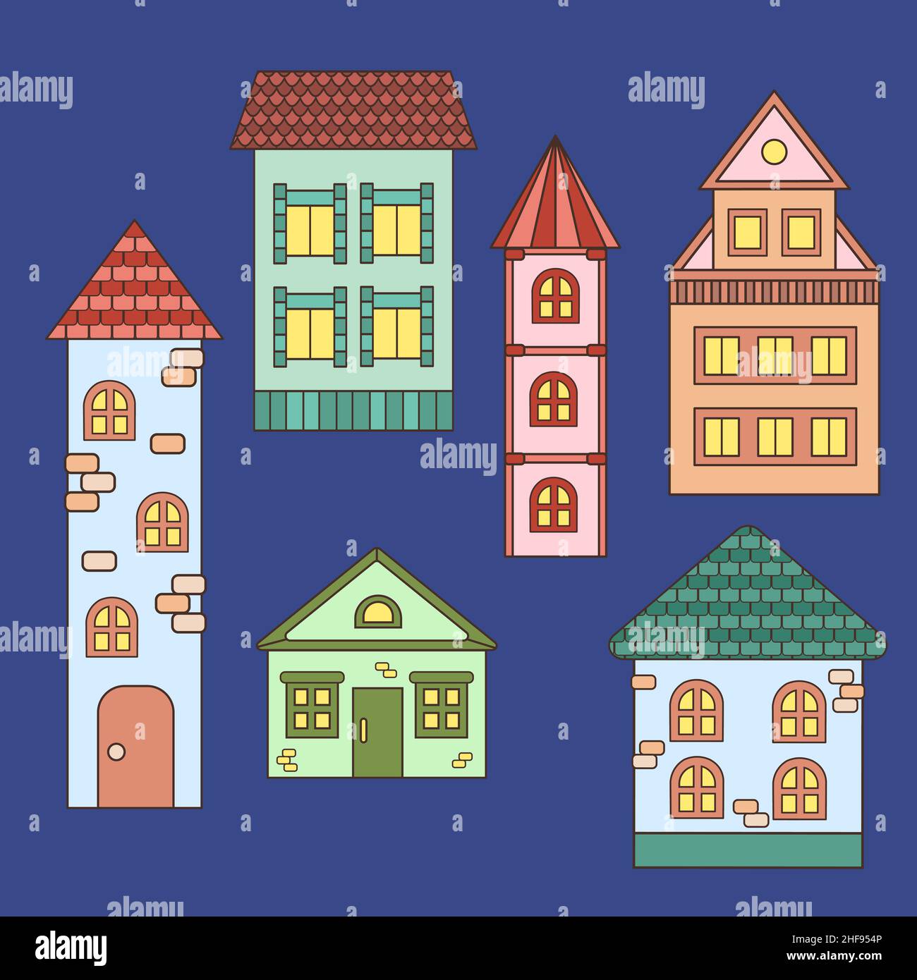 Vector set of colorful houses with light in the windows in the evening ...