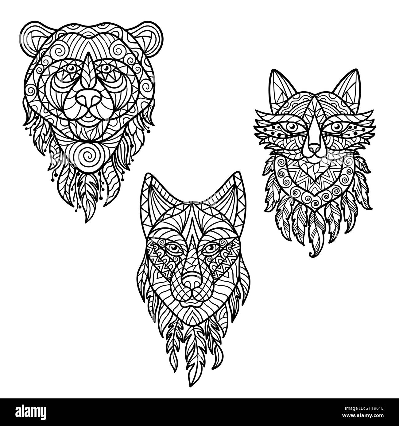 Vector coloring page with a set of abstract forest animals: bear, wolf, fox with patterns in ethnic style, zen art Stock Vector