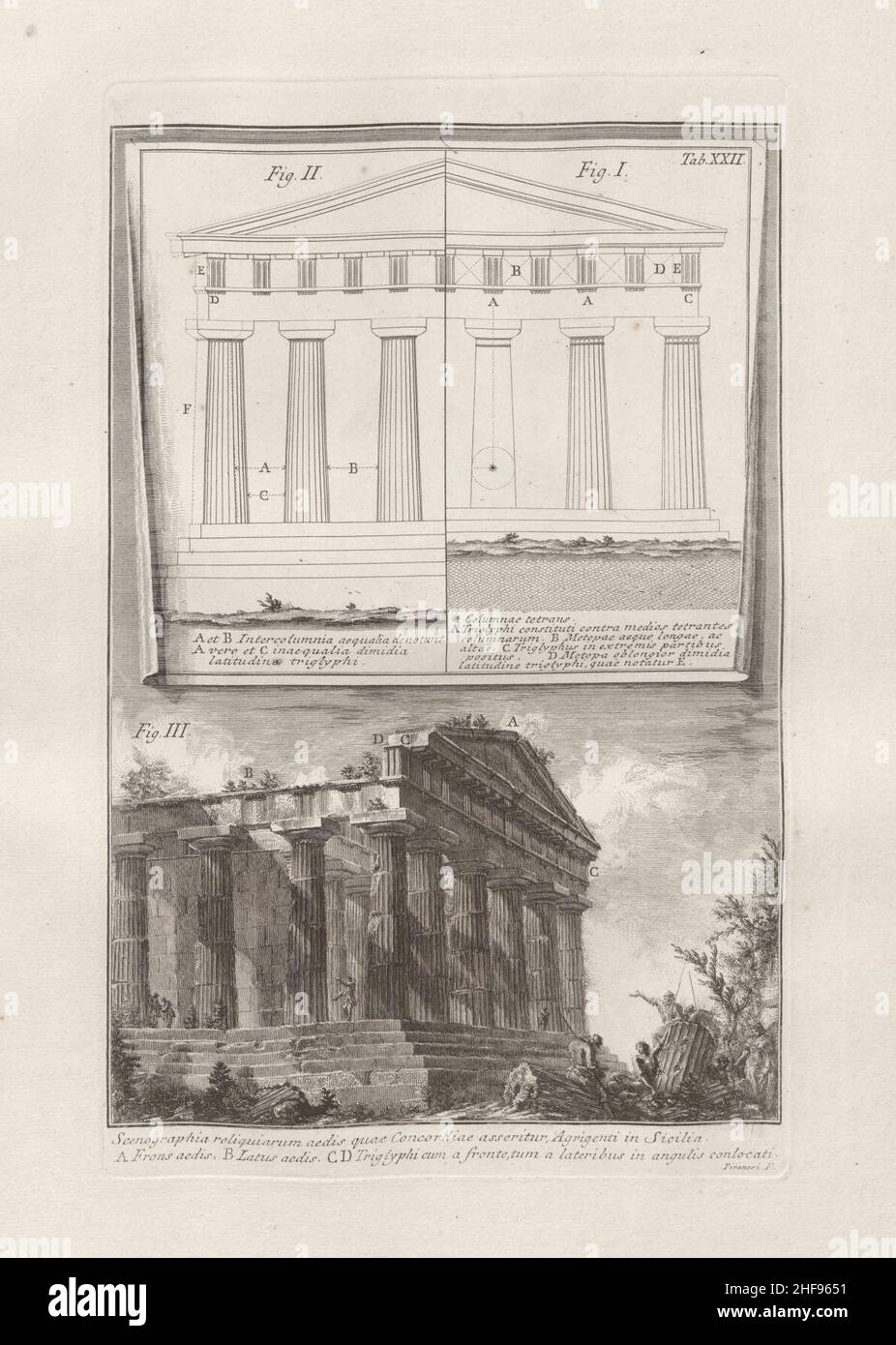 Scenografia ed elevazioni del Tempio della Concordia ad Agrigento. Stock Photo