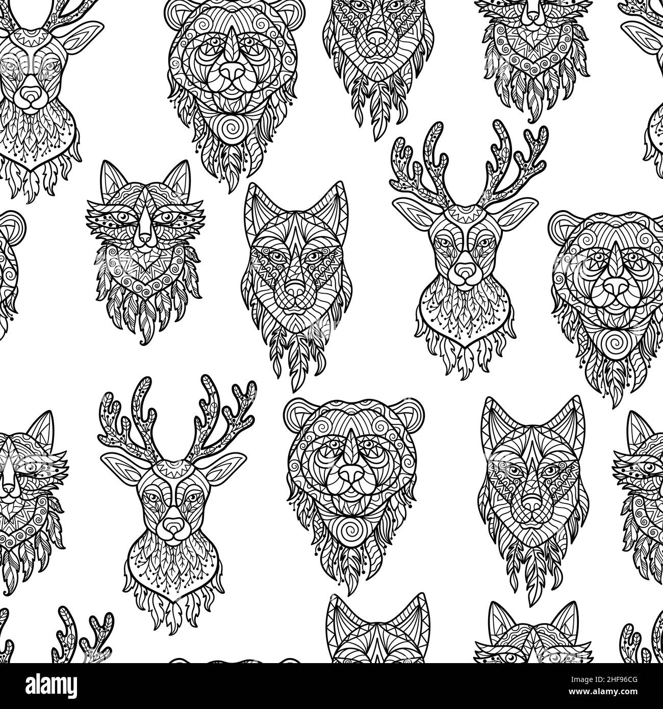 Vector seamless pattern. Coloring page with abstract forest animals: bear, wolf, fox, deer with patterns in ethnic style, zen art Stock Vector