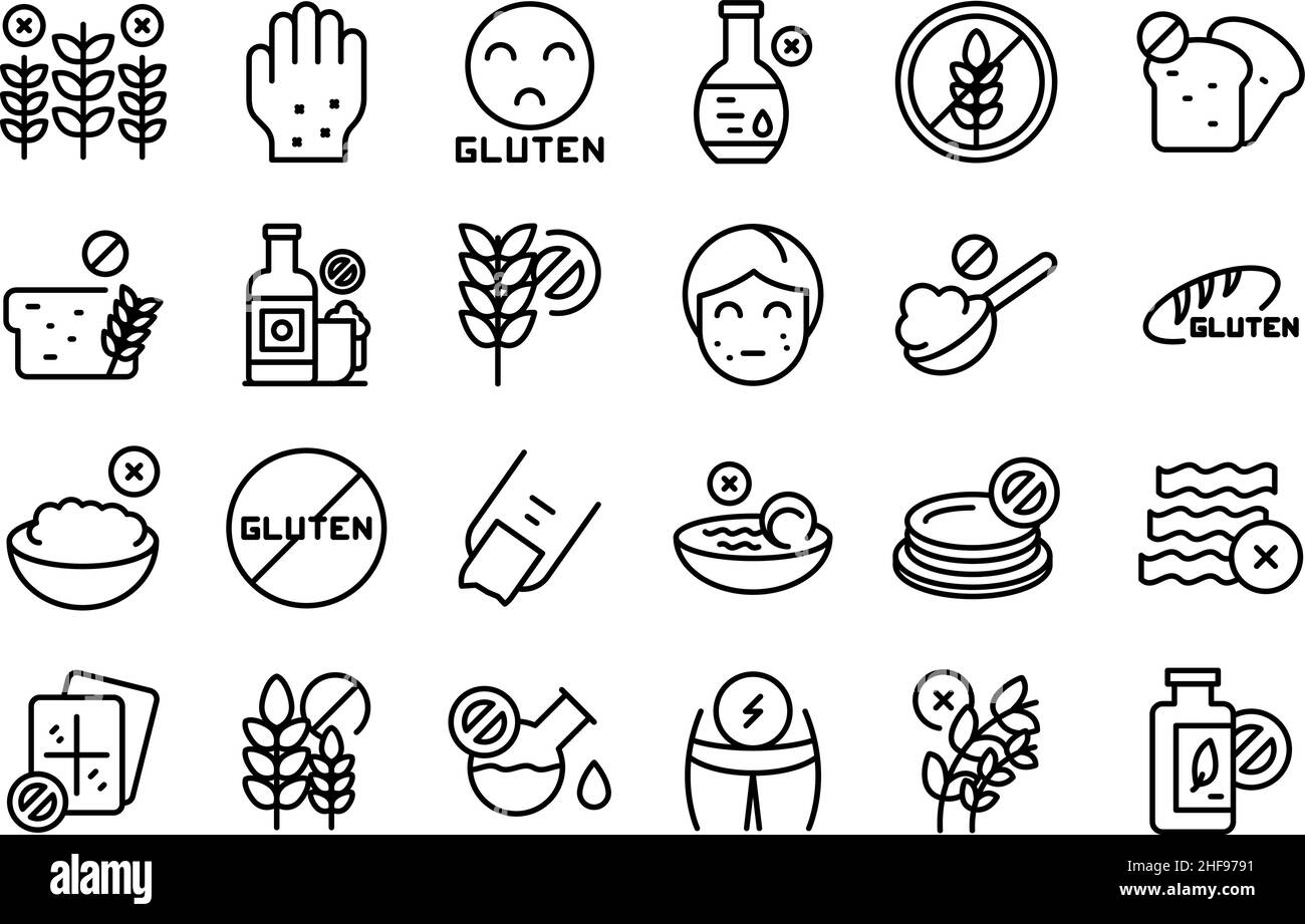 Gluten intolerance icons set outline vector. Free gluten. Non gmo Stock Vector