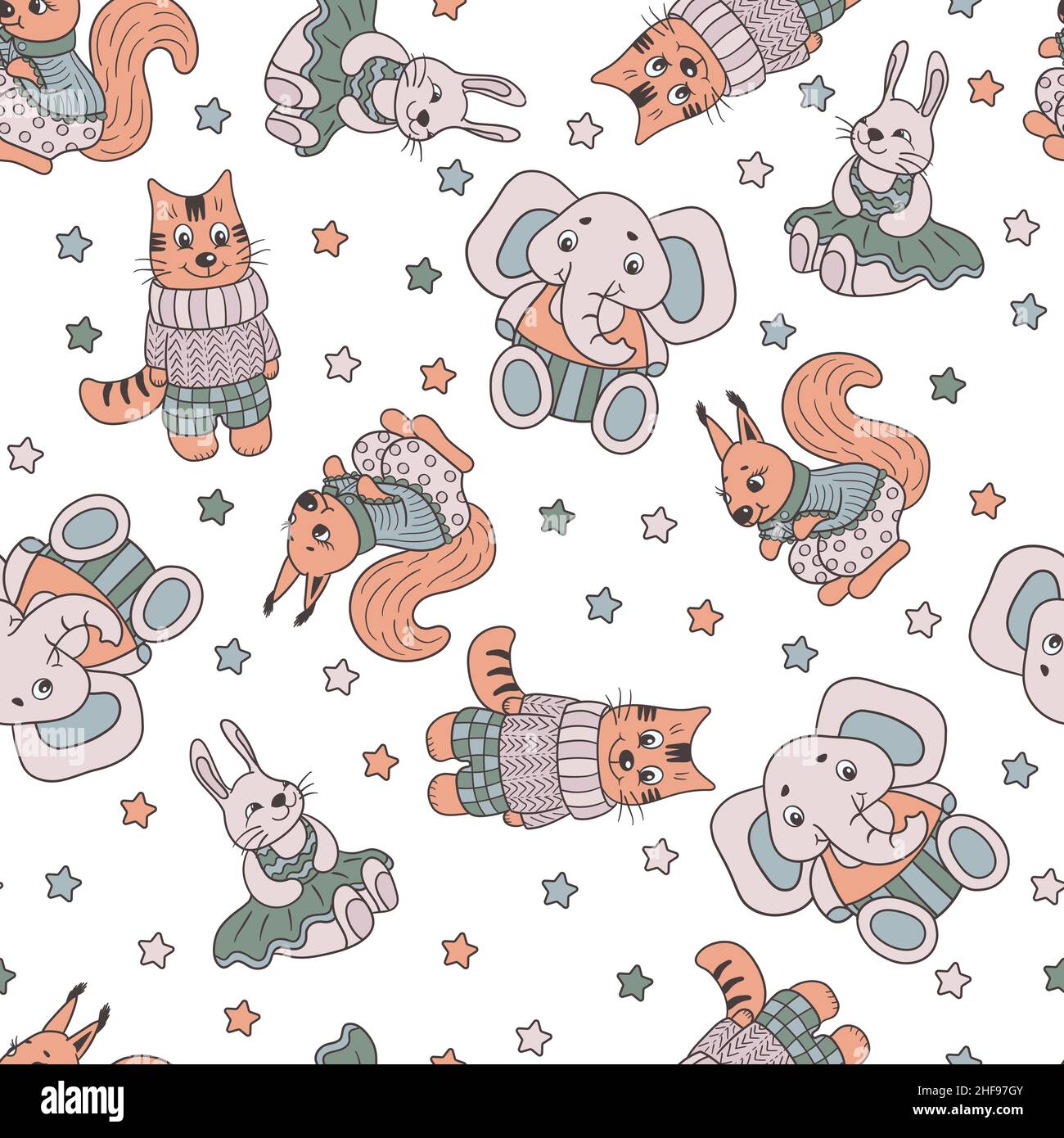 Vector seamless pattern with a set of cute toy animals on a white ...