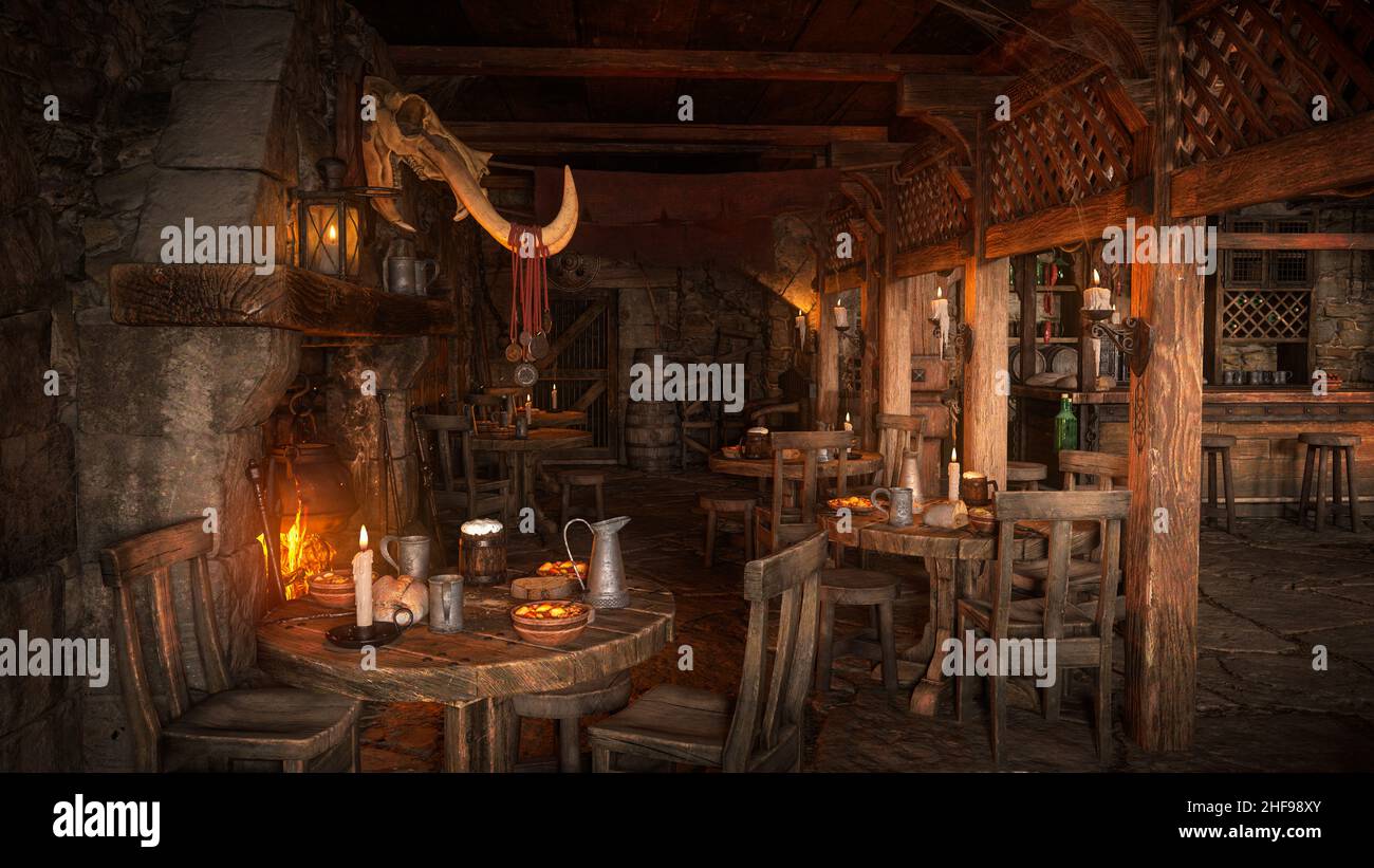 Dark moody medieval tavern inn interior with food and drink on round tables around an open fire burning in the fireplace. 3D rendering. Stock Photo