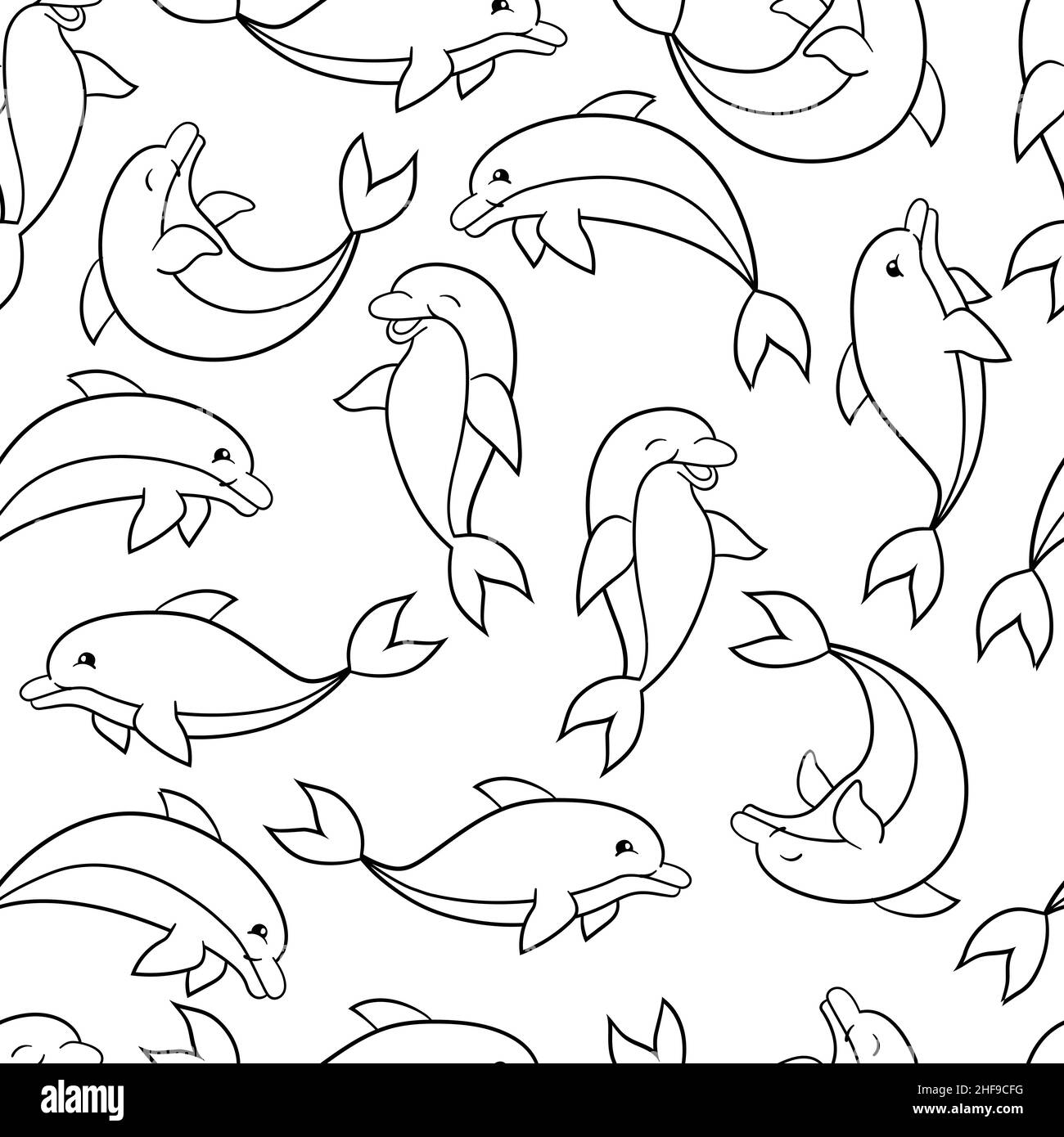 Vector seamless pattern with cute funny dolphins, coloring page Stock Vector