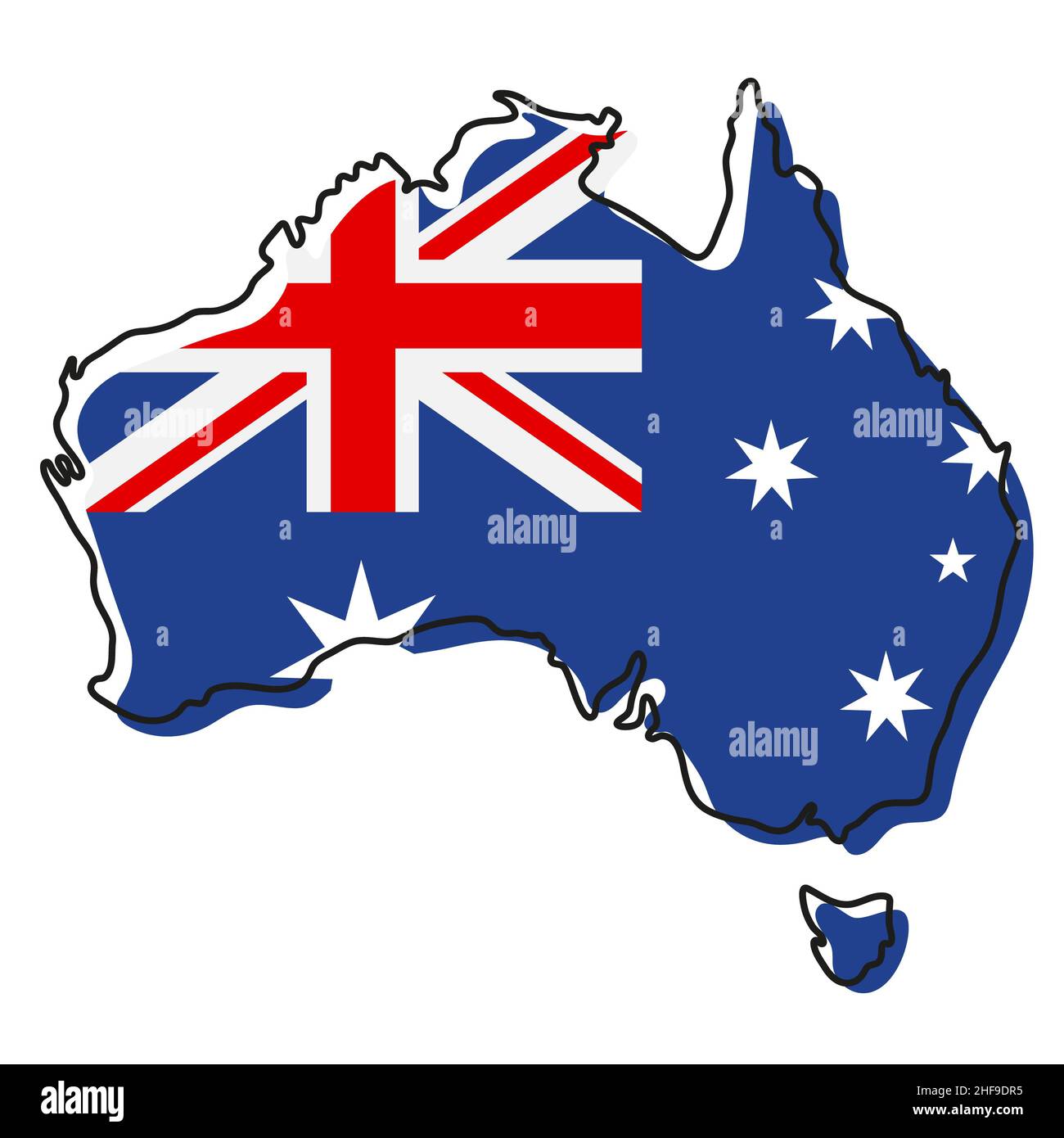Stylized outline map of Australia with national flag icon. Flag color