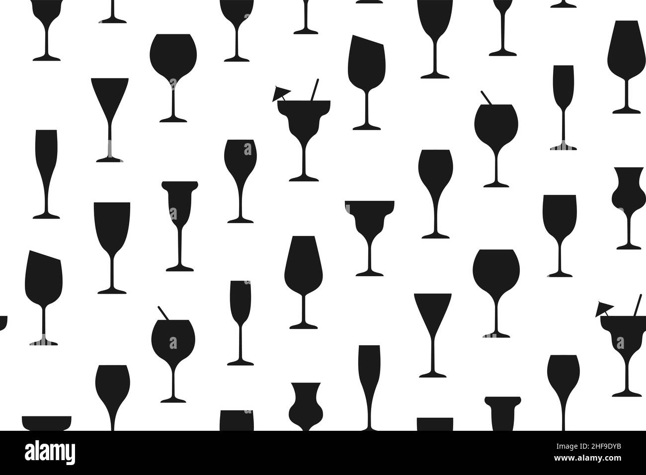 Seamless pattern flat with black glasses with cocktails. Suitable for backgrounds and covers, for packaging goods. The culture of drinking alcoholic beverages. Banner, postcard. Vector illustration Stock Vector