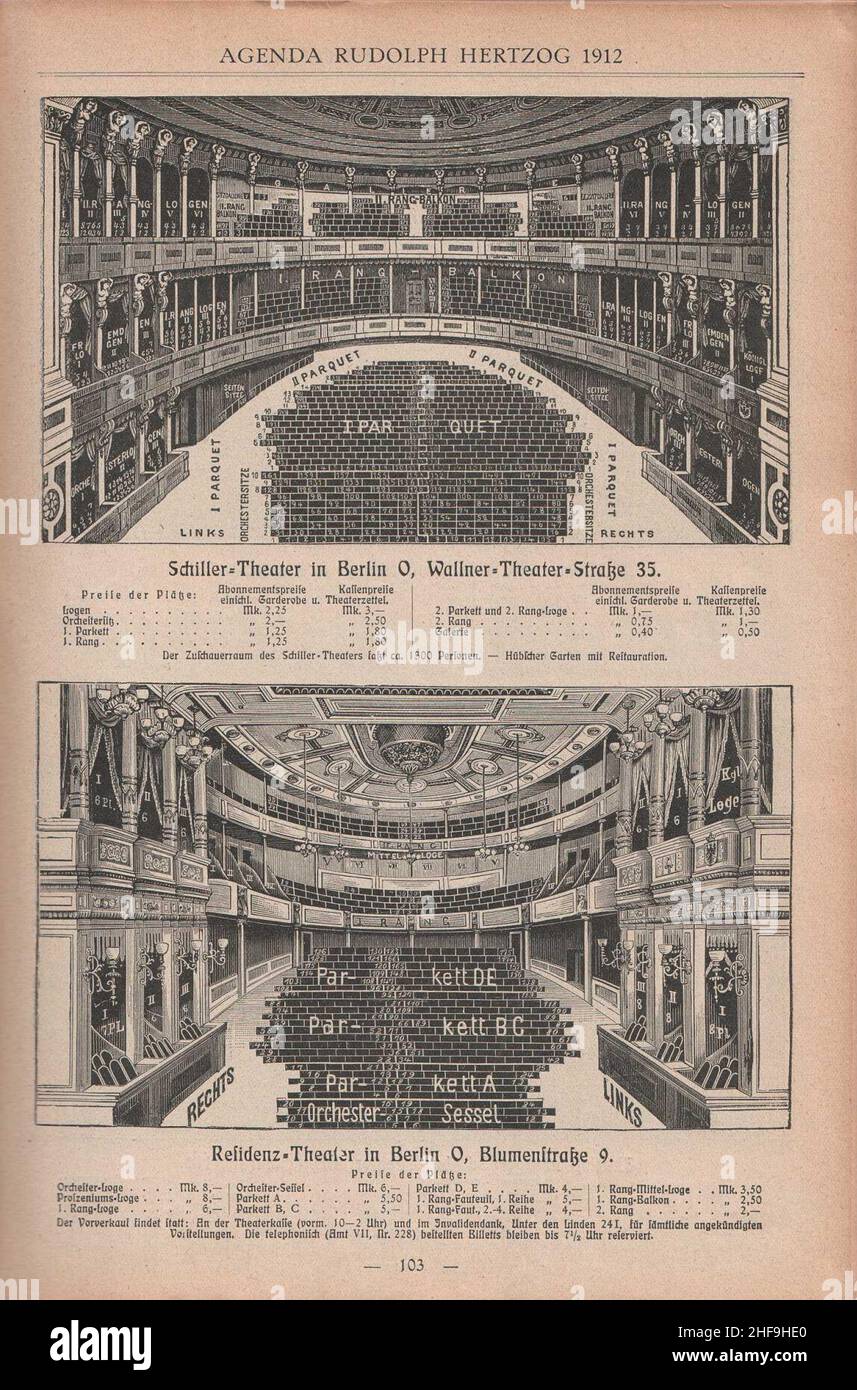 Schiller-Theater in Berlin O, Wallner-Theater-Straße 35 und  Residenz-Theater in Berlin, Blumenstraße 9, Bestuhlung 1912 Stock Photo -  Alamy