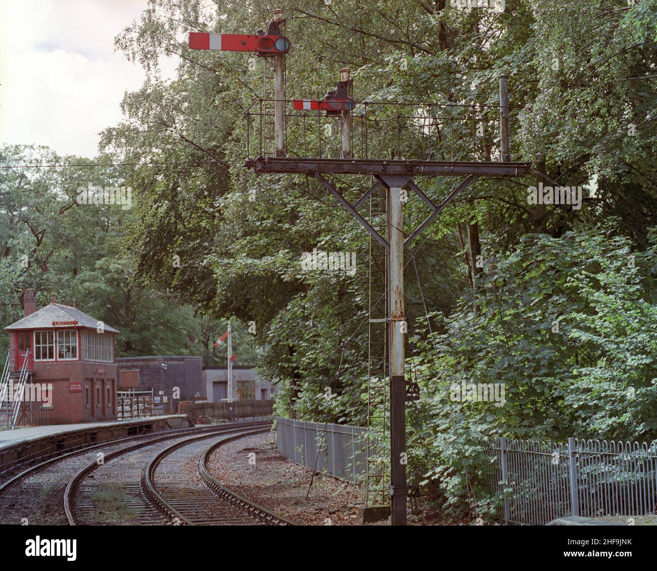 Lakeside, UK - August 2021: The old semaphore signal at Lakeside railway station. Stock Photo