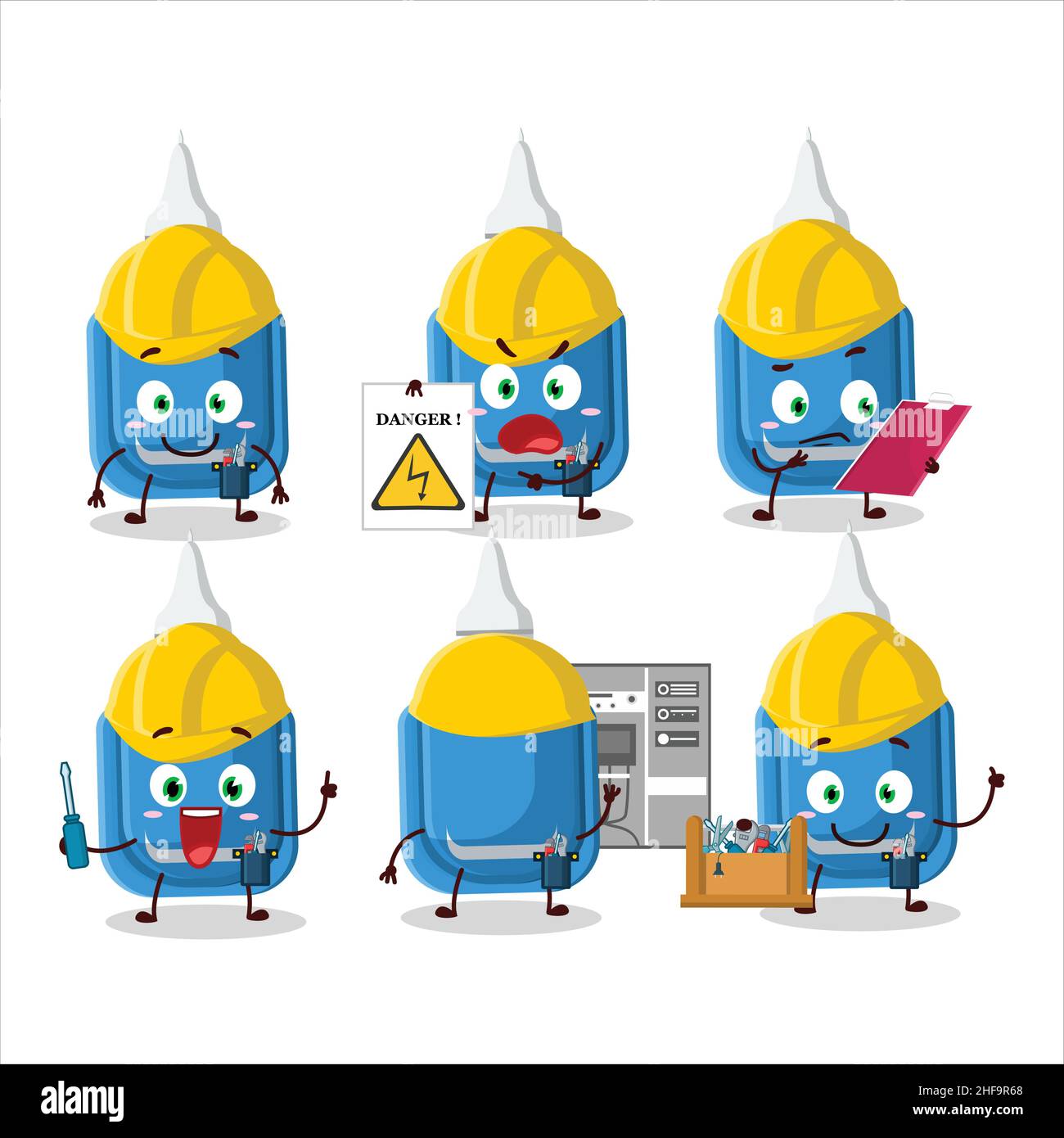 Professional Lineman blue correction pen cartoon character with tools