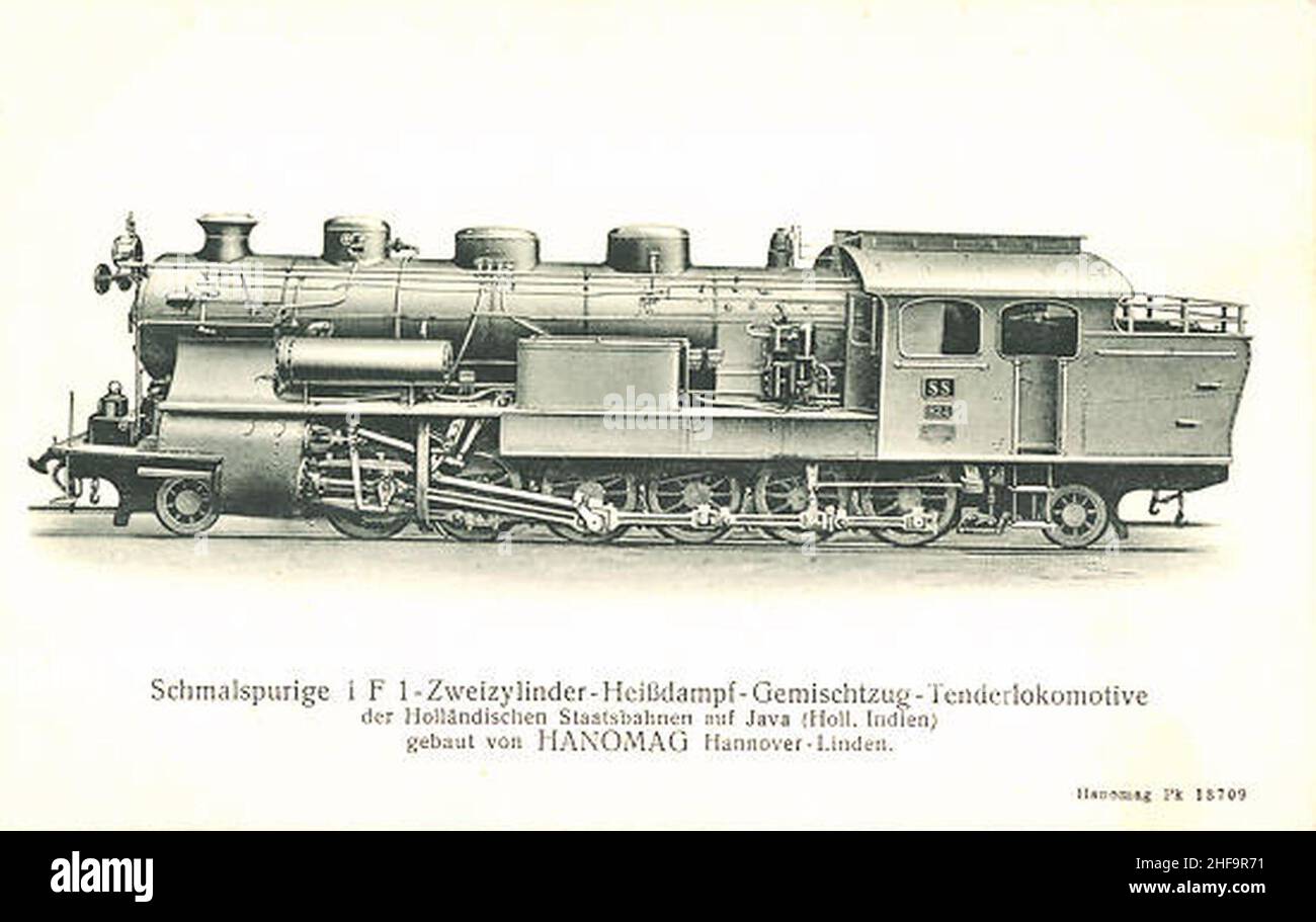 Schmalspurige 1'F'1 Zweizylinder-Heissdampf-Gemischtzug-Tenderlokomotive der Holländischen Staatsbahnen auf Java. Stock Photo