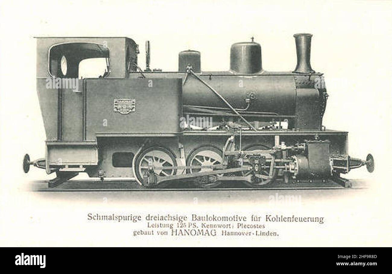 Schmalspurige dreiachsige Baulokomotive für Kohlenfeuerung, Leistung 125 PS, Kennwort Plecostes, gebaut von Hanomag Hannover-Linden. Stock Photo