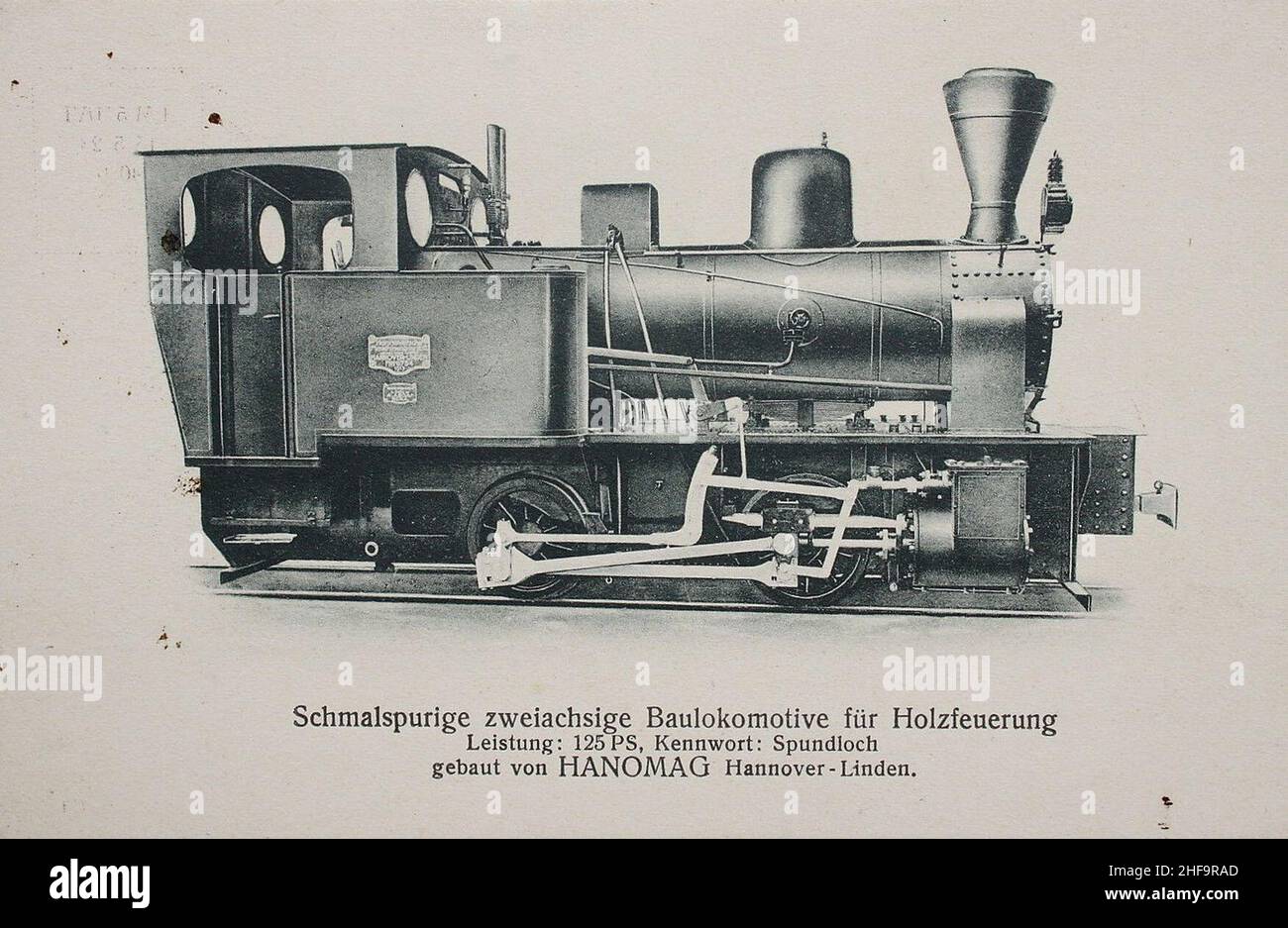Schmalspurige zweiachsige Baulokomotive für Holzfeuerung, Leistung 125 PS, Kennwort Spundloch, gebaut von HANOMAG Hannover-Linden. Stock Photo