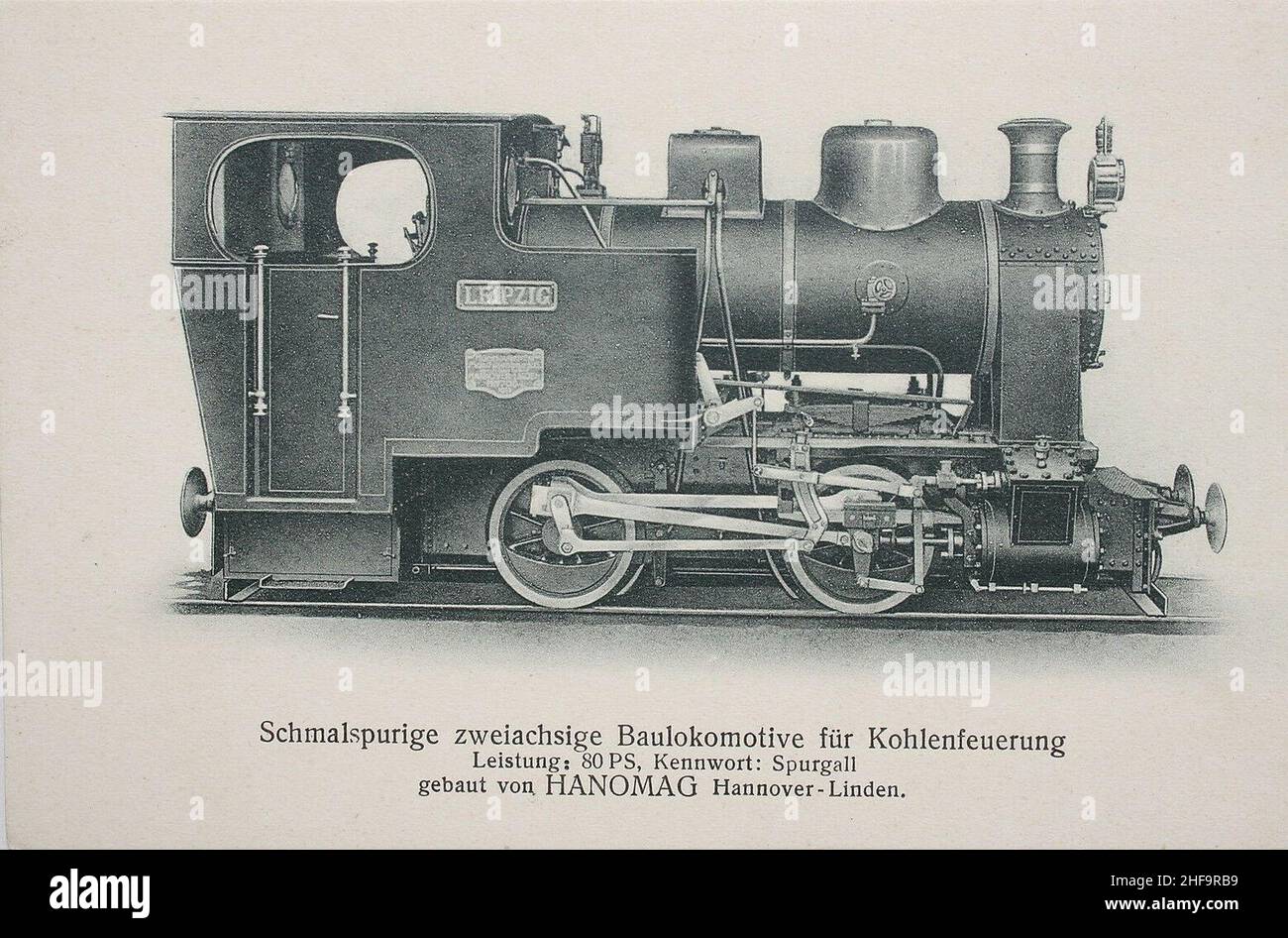 Schmalspurige zweiachsige Baulokomotive für Kohlenfeuerung, Leistung 80 PS, Kennwort Spurgall, gebaut von Hanomag, Hannover Linden. Stock Photo