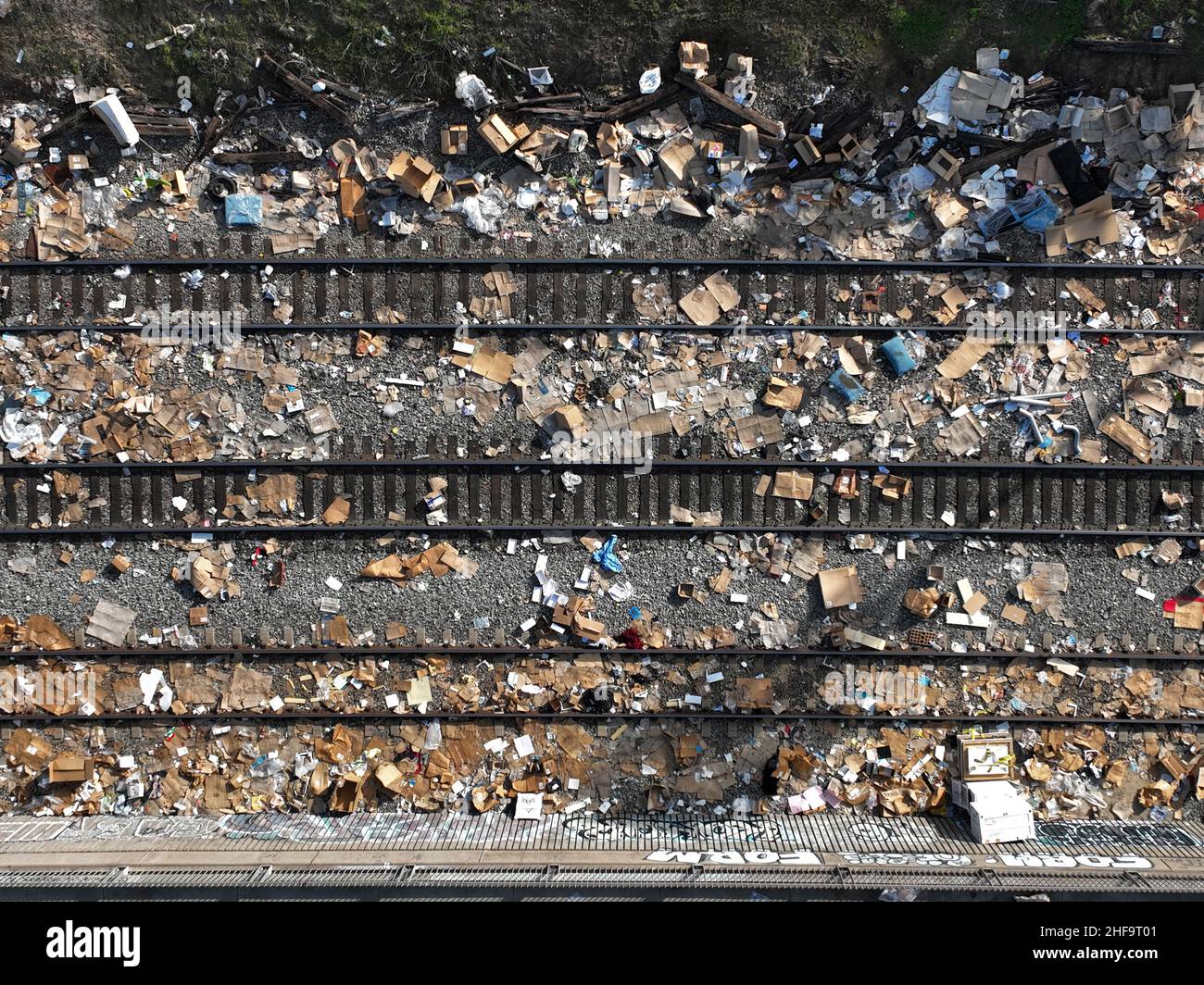 Los Angeles, USA. 14th Jan, 2022. Thousands of stolen UPS packages line the Union Pacific rail