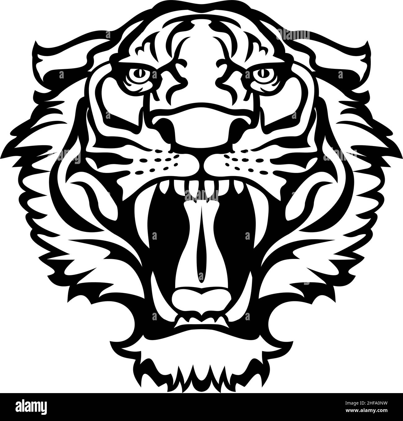 Roaring tiger angry face / black white silhouette Stock Vector