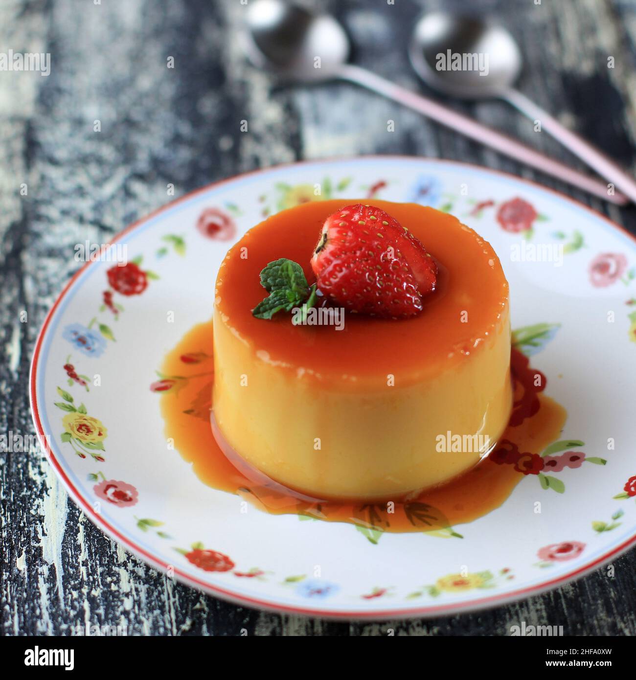 Toppings For Pudding Homemade Dessert Caramel Pudding with Strawberry Topping. Copy Space ...