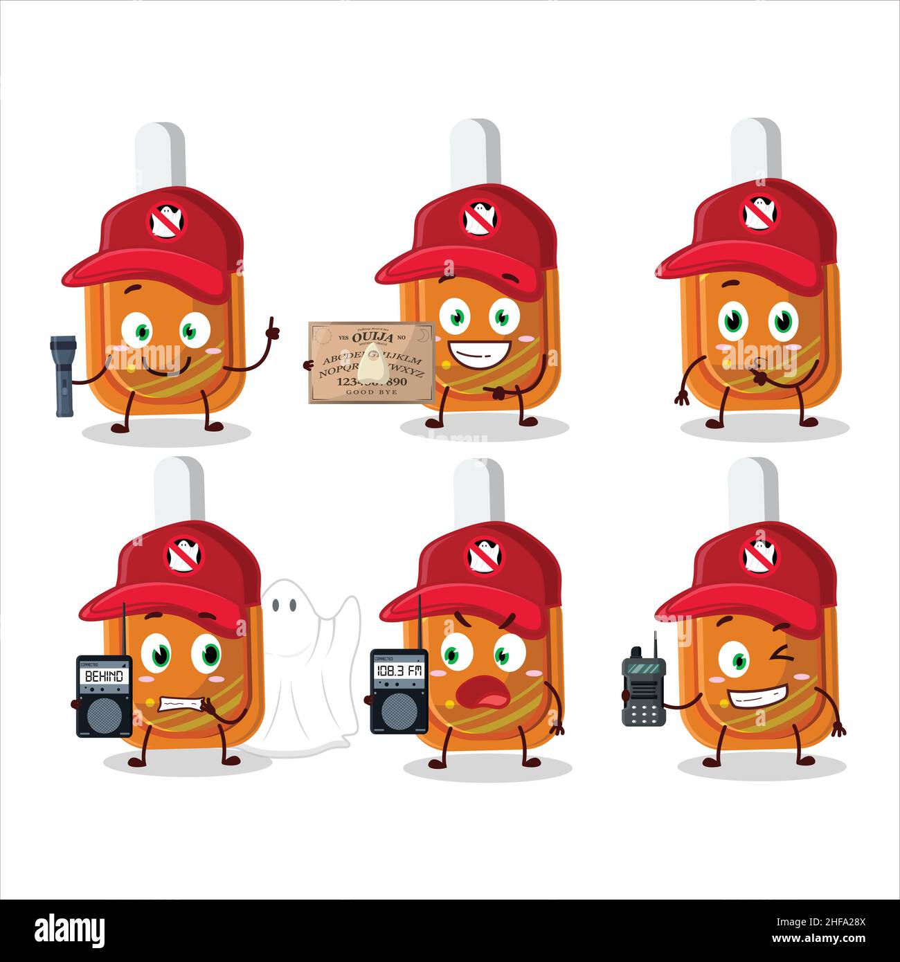 Ghost hunter cartoon orange correction pen character using camera. Vector illustration Stock Vector