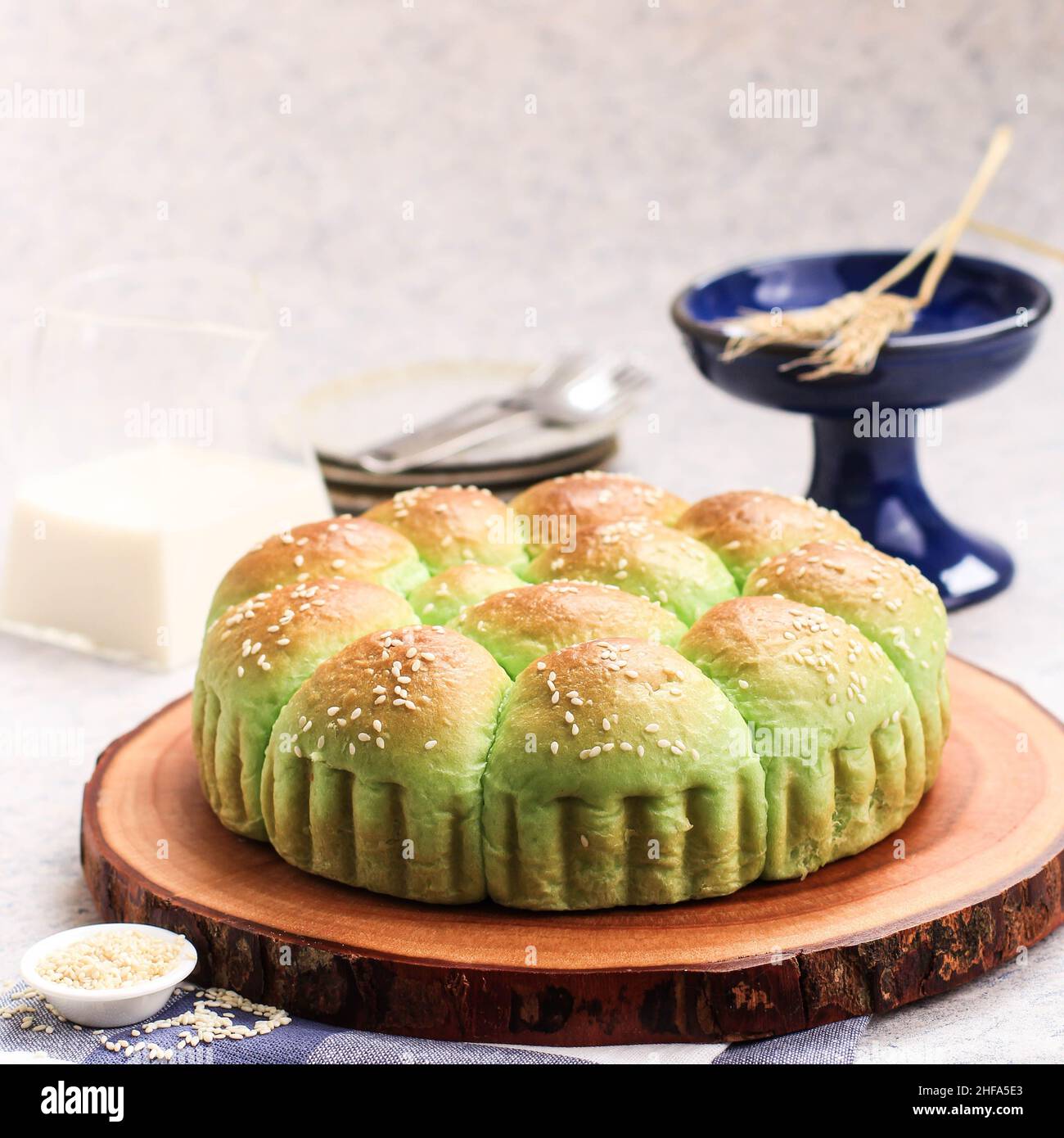 Roti Sobek Pandan or Pandan Pull Out Bread on Rustic Wooden Log Board ...