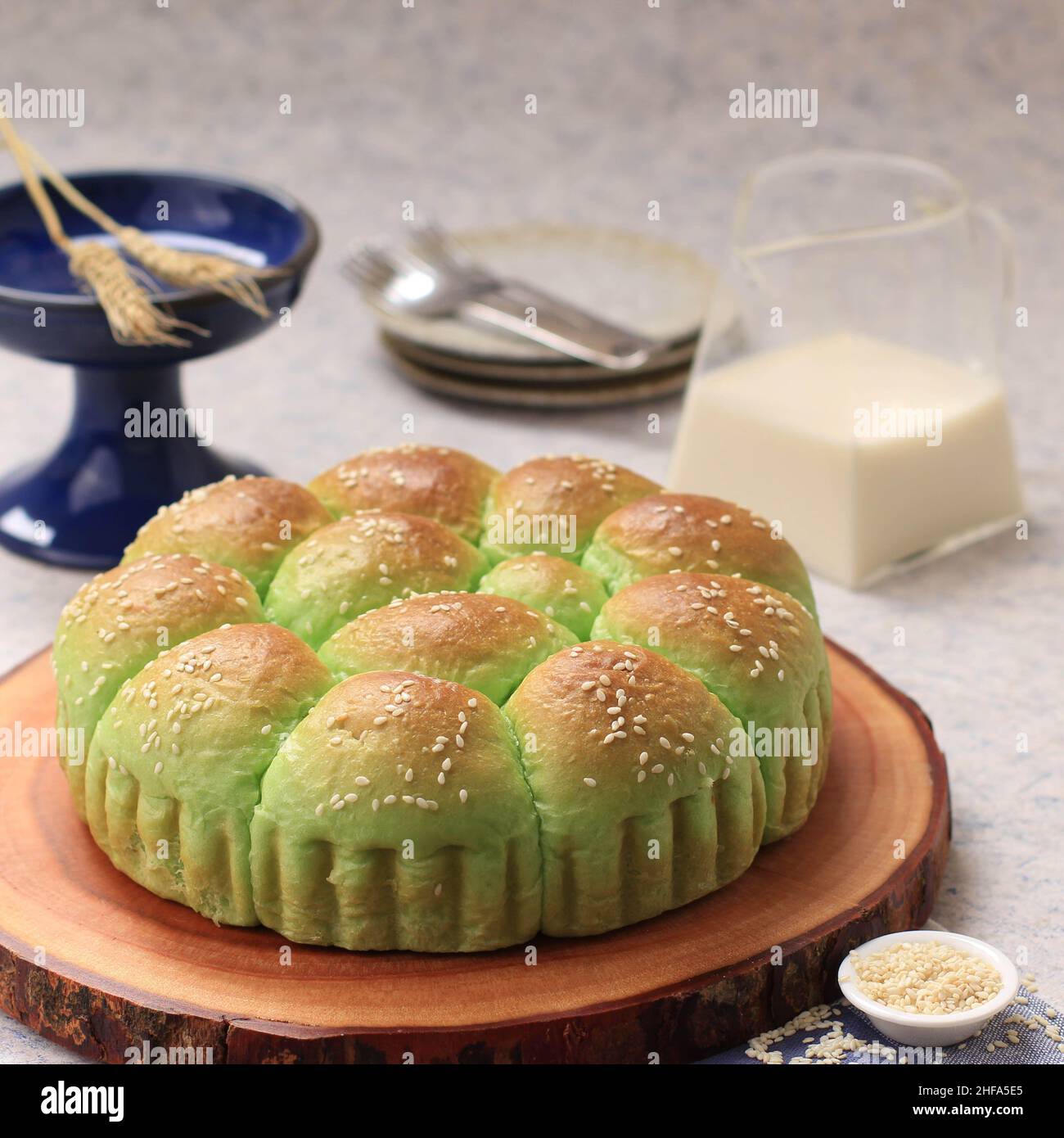 Roti Sobek Pandan or Pandan Pull Out Bread on Rustic Wooden Log Board ...