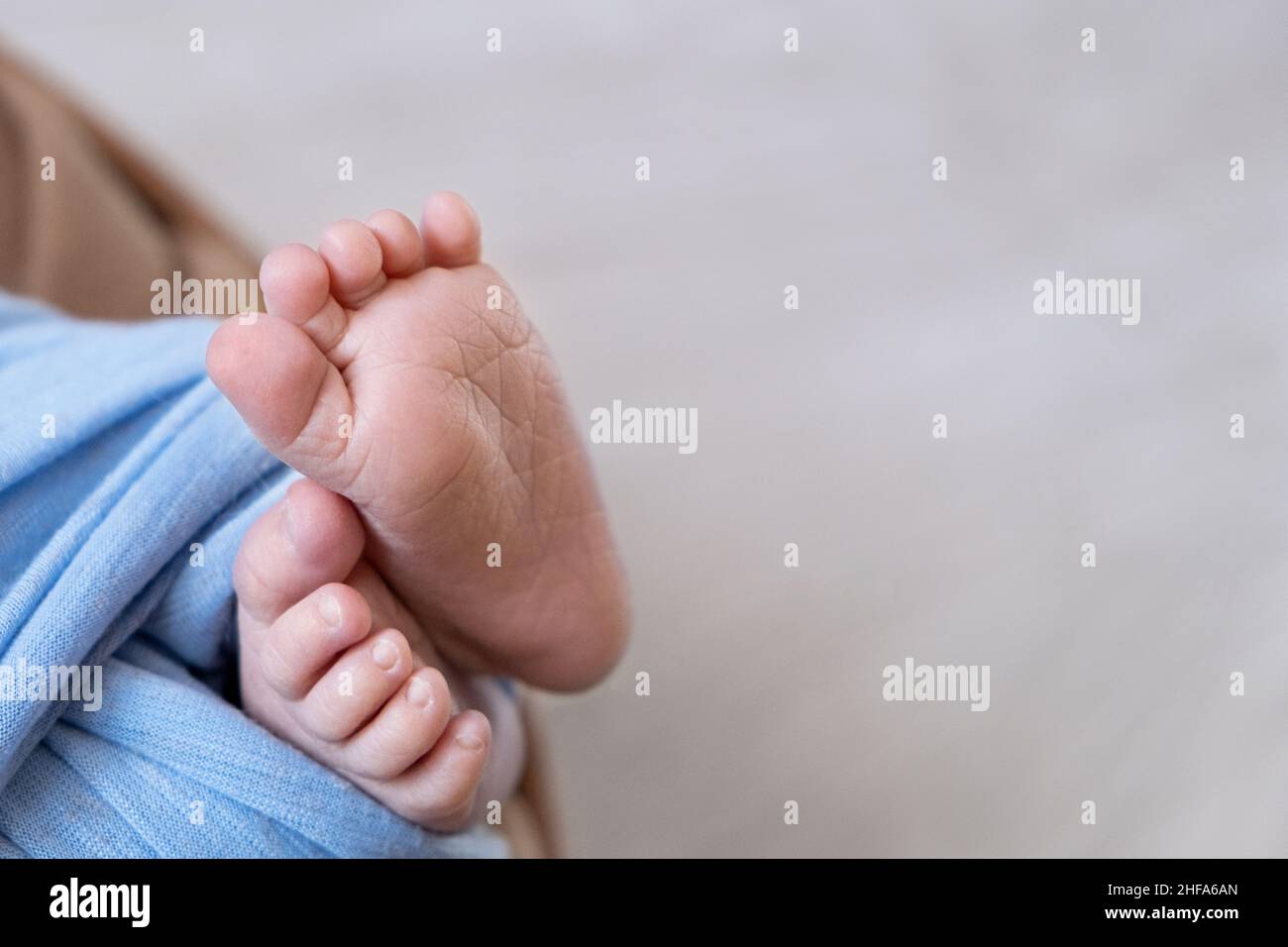 Newborn baby feet. Motherhood concept. Mother day. Copy space. Selective focus Stock Photo
