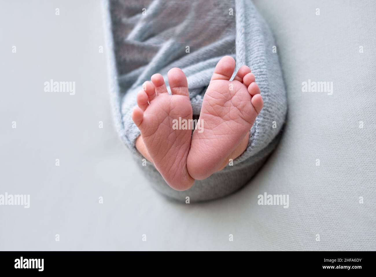 Newborn baby feet. Motherhood concept. Mother day. Copy space. Newborn baby feet. Selective focus Stock Photo