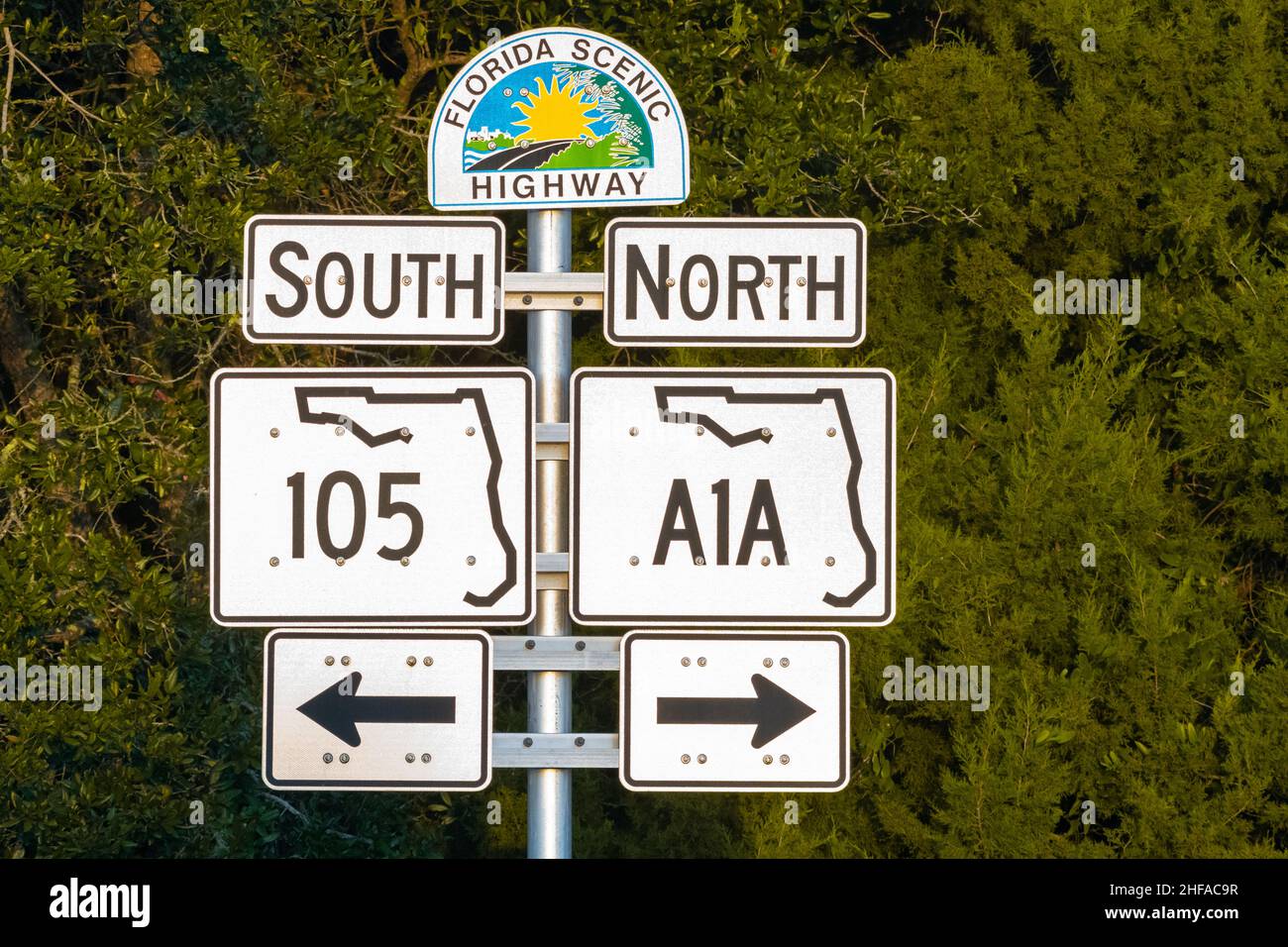 Florida Scenic Highway road sign for State Road A1A on Fort George Island at the North Station of the St. John’s River Ferry in Jacksonville, Florida. Stock Photo