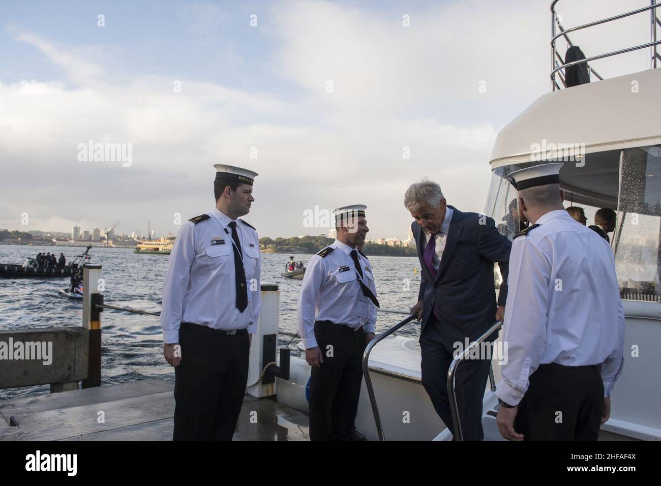 Secretary of Defense Chuck Hagel disembarks the yacht. Stock Photo