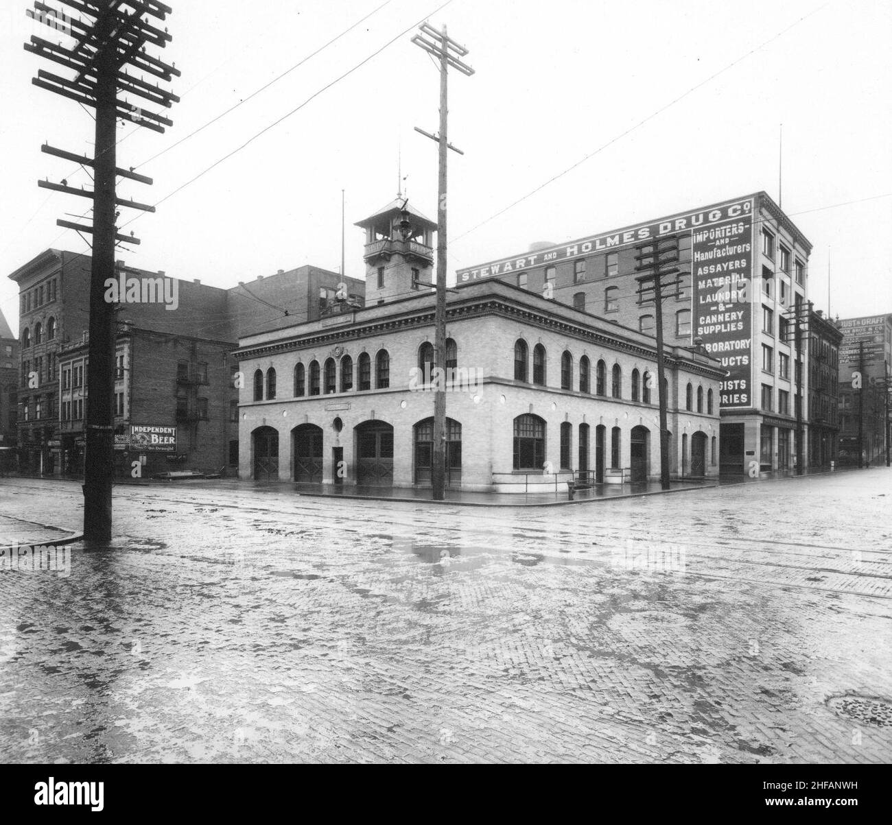 Seattle Fire Department headquarters, Firehouse No 10, northwest corner of S Main St and 3rd Ave S, Seattle, 1906 Stock Photo