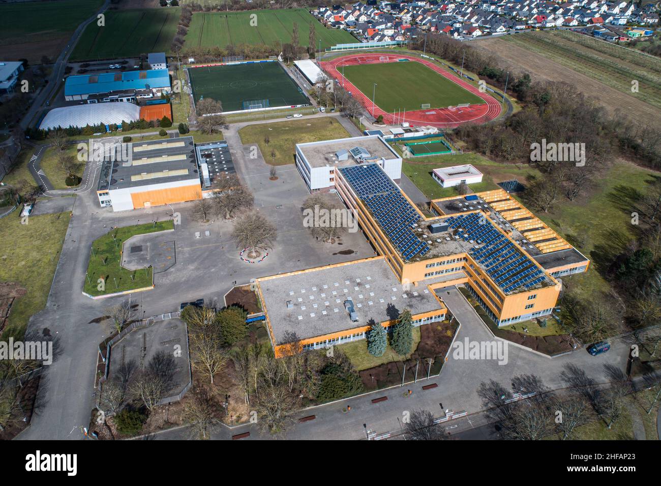 Mittelrhein Gymnasium Muehlheim Kaerlich School federal aerial panoramic view near koblenz city in Germany. Stock Photo
