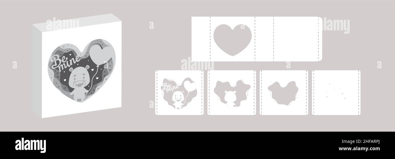 Valentine's day paper carve tunnel card hippo with balloon. 3D popup layers card. Modern origami design template. 3d paper lightbox template. Vector s Stock Vector