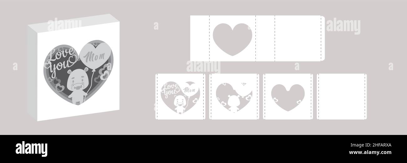 Valentine's day paper carve tunnel card hippo with balloon. 3D popup layers card. Modern origami design template. 3d paper lightbox template. Vector s Stock Vector