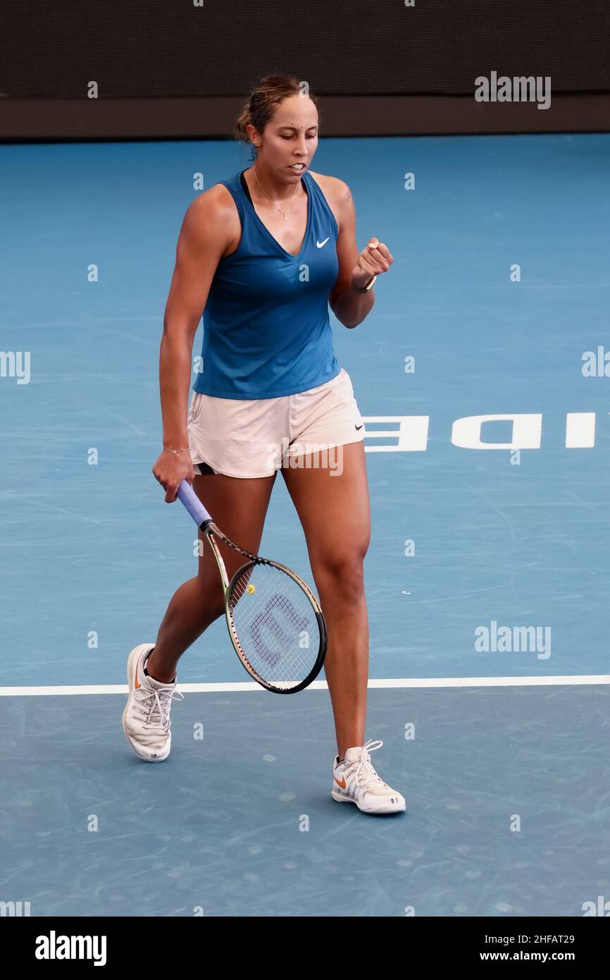 Adelaide, Australia, 15 January, 2022. Madison Keys of United States  celebrates winning the game during the WTA finals singles match between  Alison Riske of United States and Madison Keys of United States