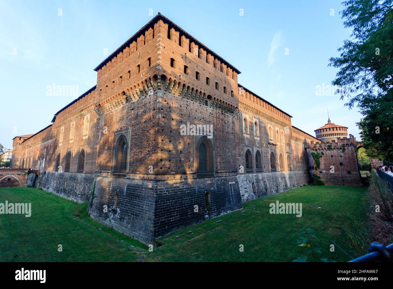 The Castello Sforzesco is a medieval fortification in Milan. Renovated in the 16th and 17th century becoming one of the largest citadels of Europe. Stock Photo