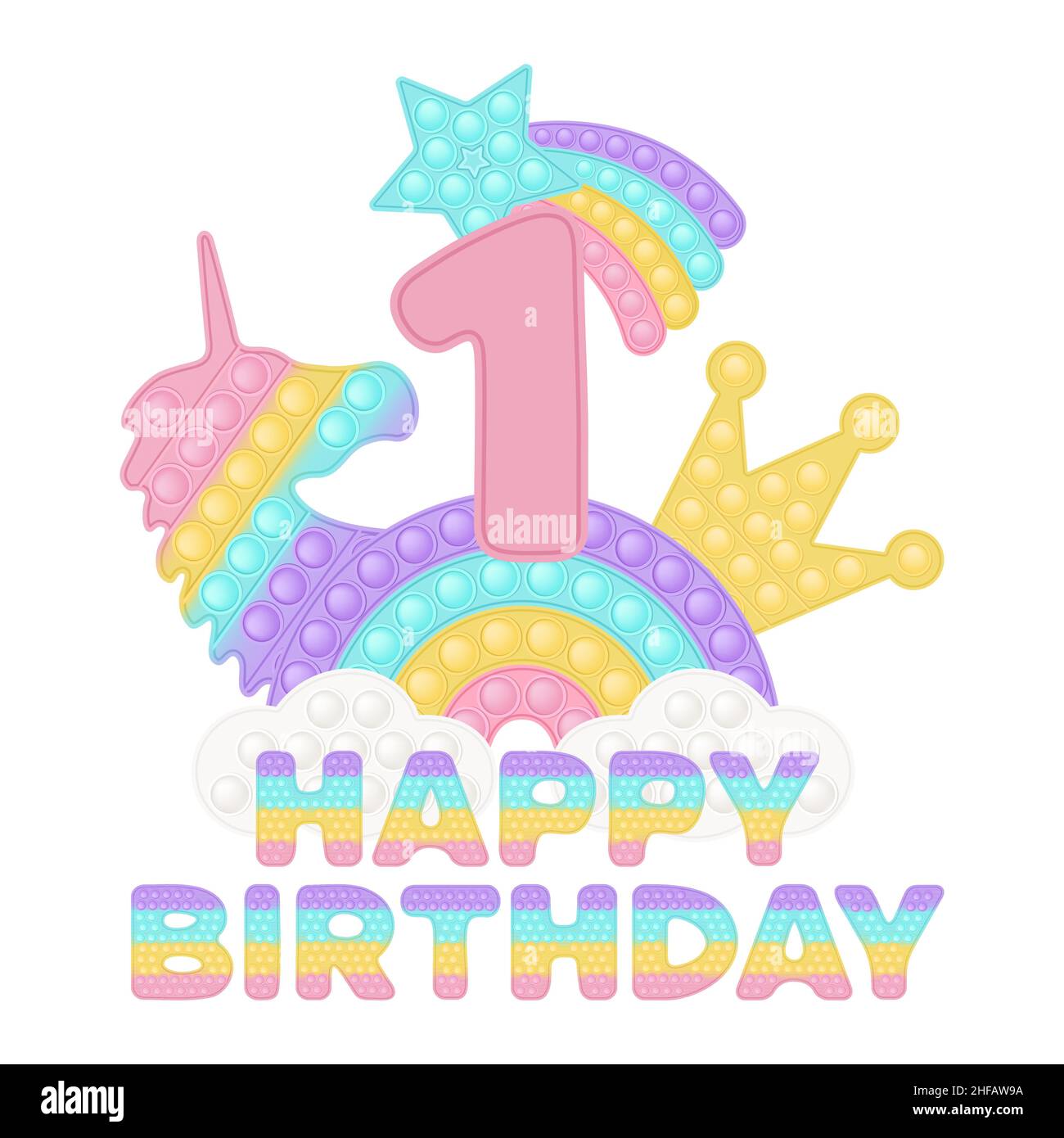 Happy 1st Birthday one year pop it topper or sublimation print for t-shirt in style a fashionable silicone toy for fidgets. Pink number, unicorn, crow Stock Vector