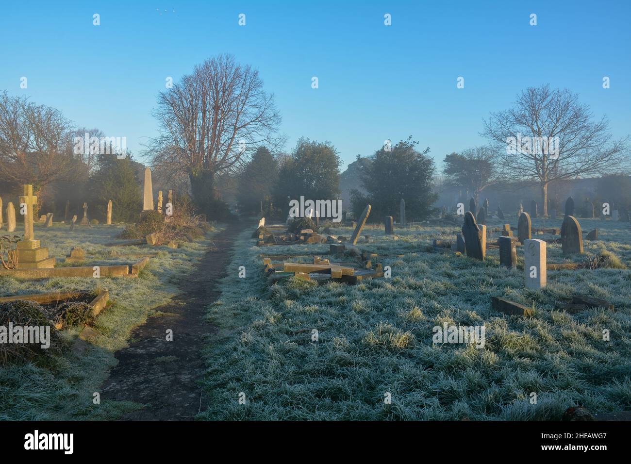 Crisp early morning in an English cemetery with a covering of hoar frost. Stock Photo