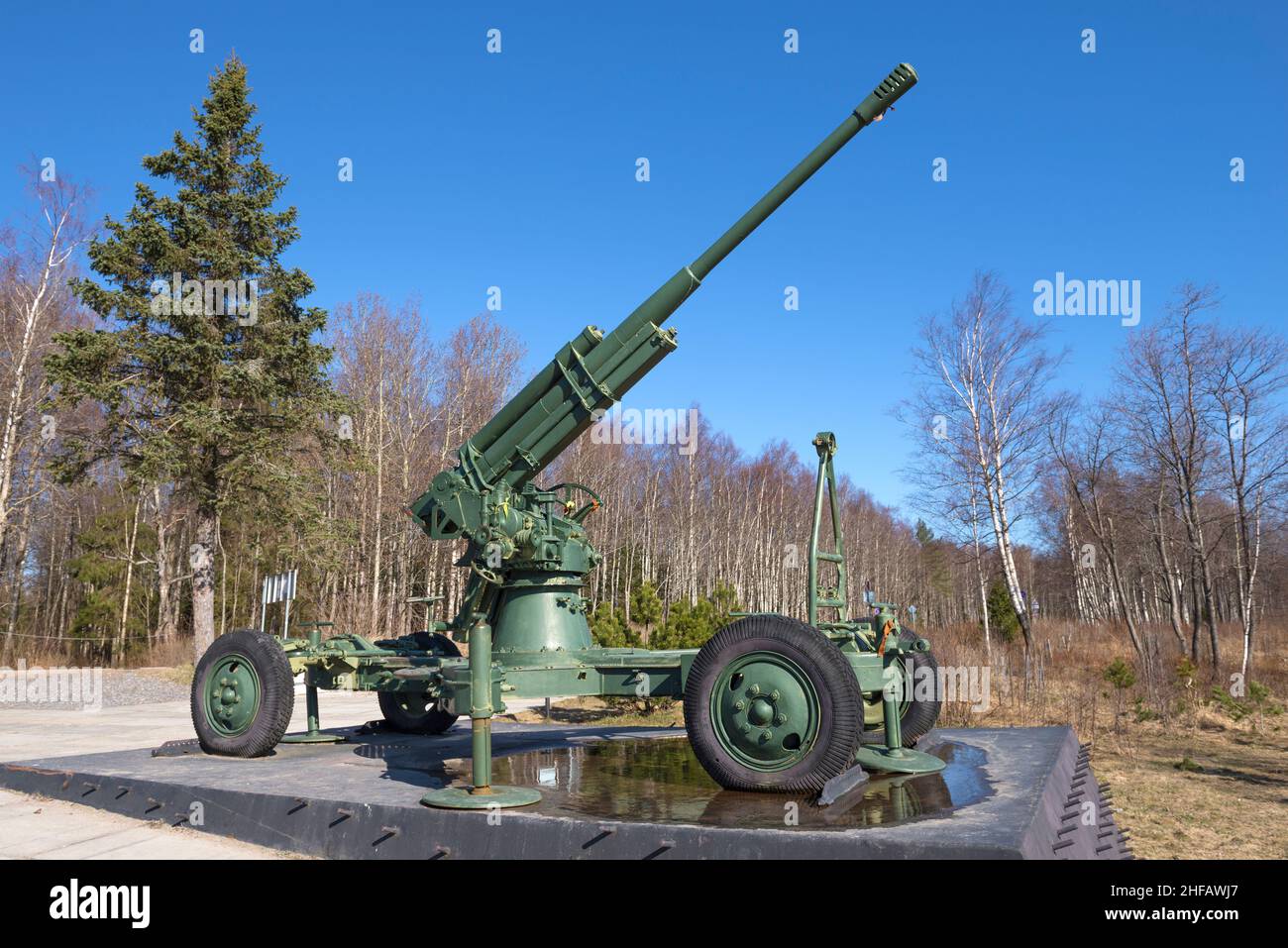 LENINGRAD REGION, RUSSIA - APRIL 14, 2019: Soviet 85-mm anti-aircraft gun of the 1939 model. Fragment of the memorial 'Torn Ring' on the 'Road of Life Stock Photo