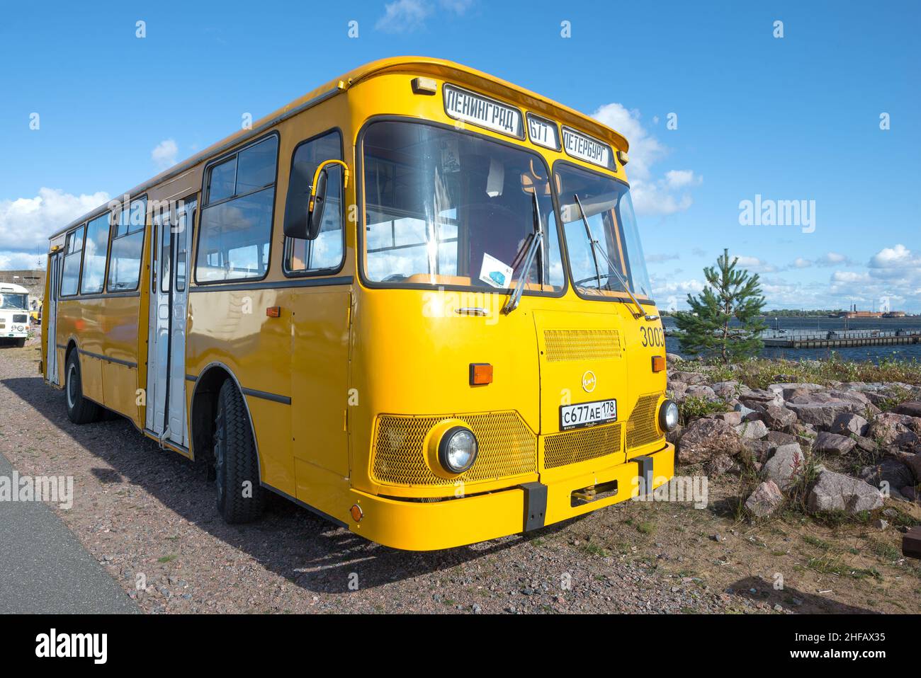 KRONSTADT, RUSSIA - SEPTEMBER 14, 2019: Soviet city bus LiAZ-677 close-up on a sunny day. Festival of retro transport 'Fortuna-2019' Stock Photo