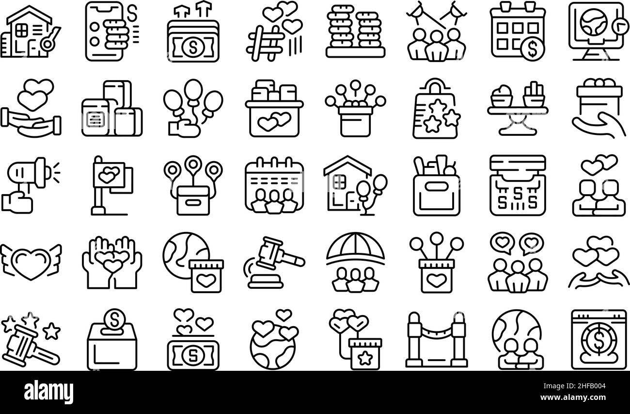 Charity event icons set outline vector. Help volunteer. Help donate ...