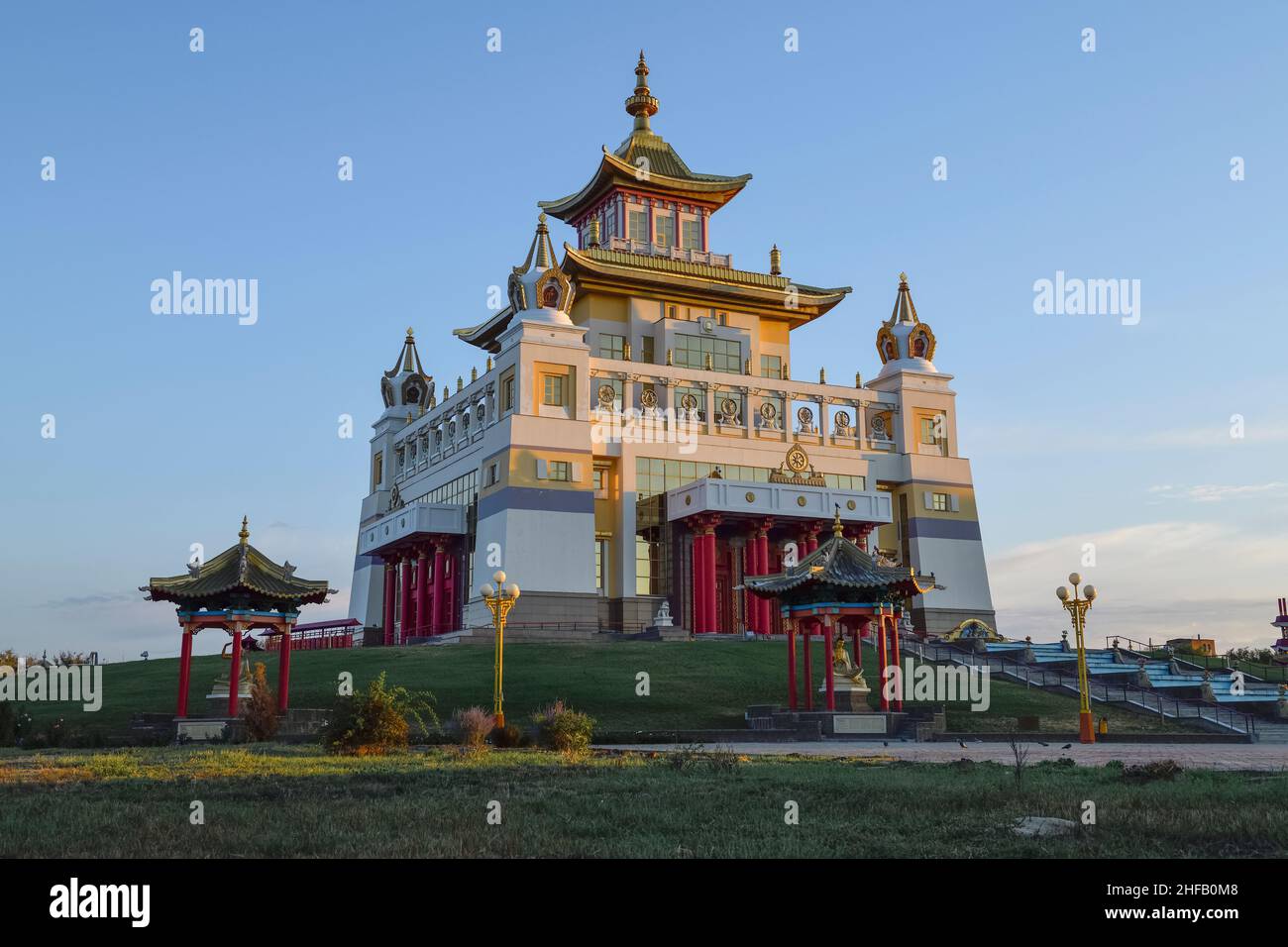 ELISTA, RUSSIA - SEPTEMBER 21, 2021: Buddhist temple of 'Golden Abode of Buddha Shakyamuni' on the early morning. Republic of Kalmykia Stock Photo