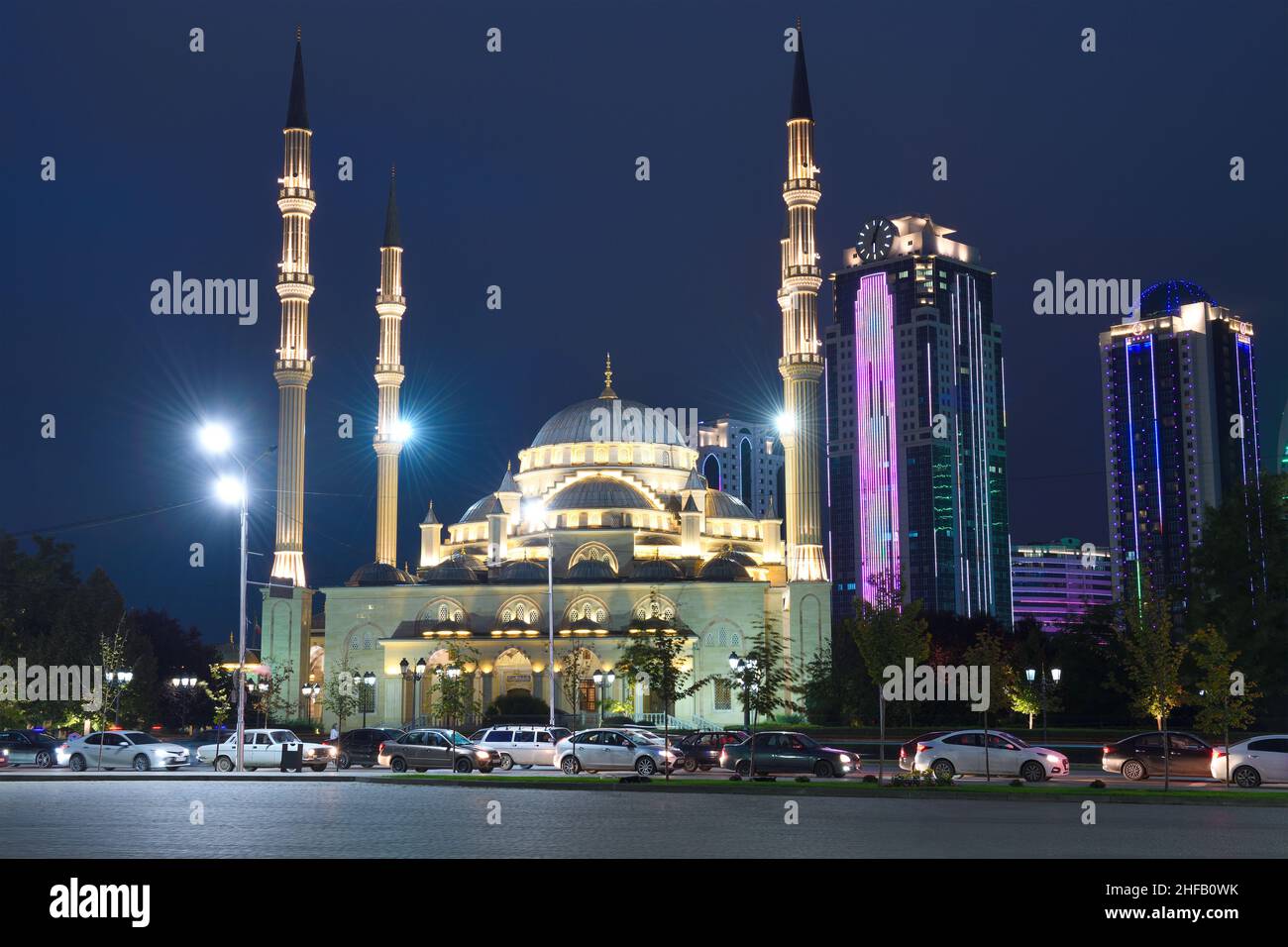 GROZNY, RUSSIA - SEPTEMBER 29, 2021: Mosque 'Heart of Chechnya' in the night cityscape. Chechen Republic Stock Photo